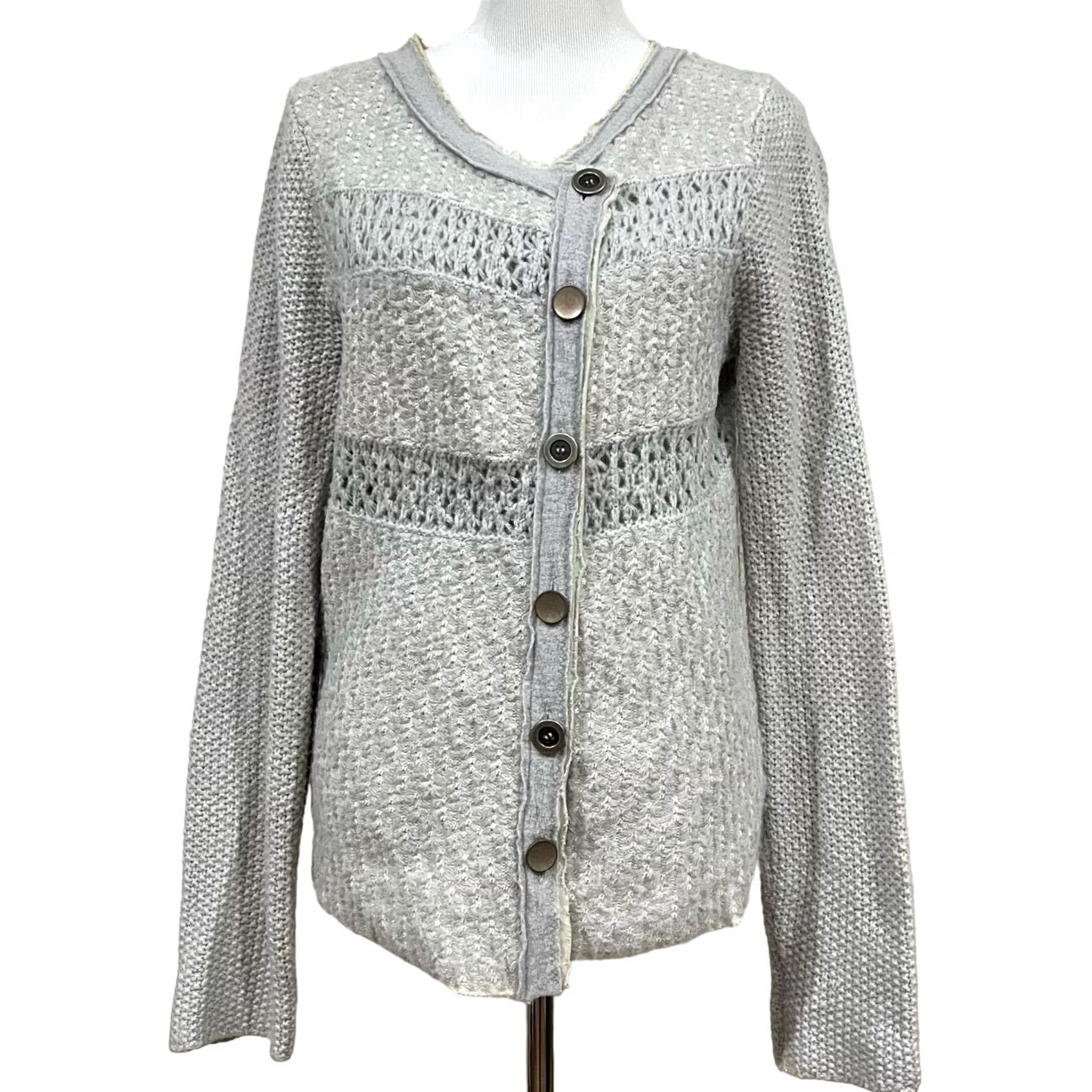 Free People VINTAGE Free People Gray Cardigan Sweater Crochet Stripe Crossover Button Up Women’s L Size L / US 10 / IT 46 - 2 Thumbnail