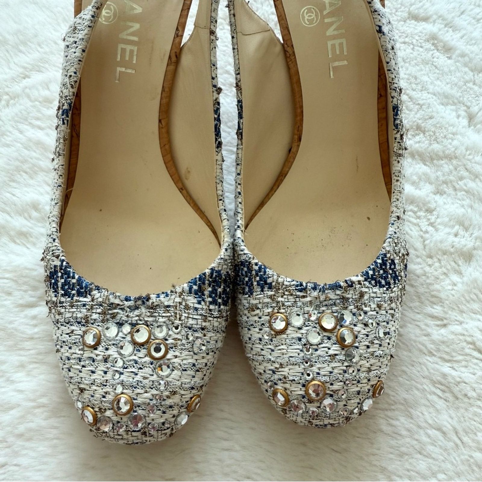 Chanel CHANEL Tweed Heels CC Blue White 40 EU or 10US Authentic Size US 10 / IT 40 - 3 Thumbnail