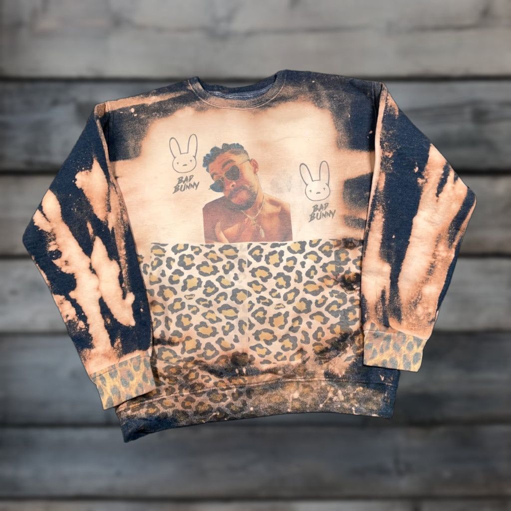Hanes Bad Bunny Sweatshirt Crewneck Adult Medium Black Tie Dye Leopard Print Pullover Cotton Blend Hanes Shirt Men Size US M / EU 48-50 / 2 - 1 Thumbnail