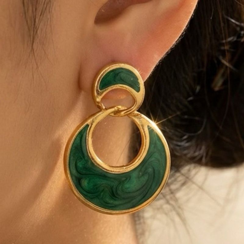Other Vintage Green Enamel Double Hoop Drop Earrings Gold Tone Size ONE SIZE - 1 Thumbnail