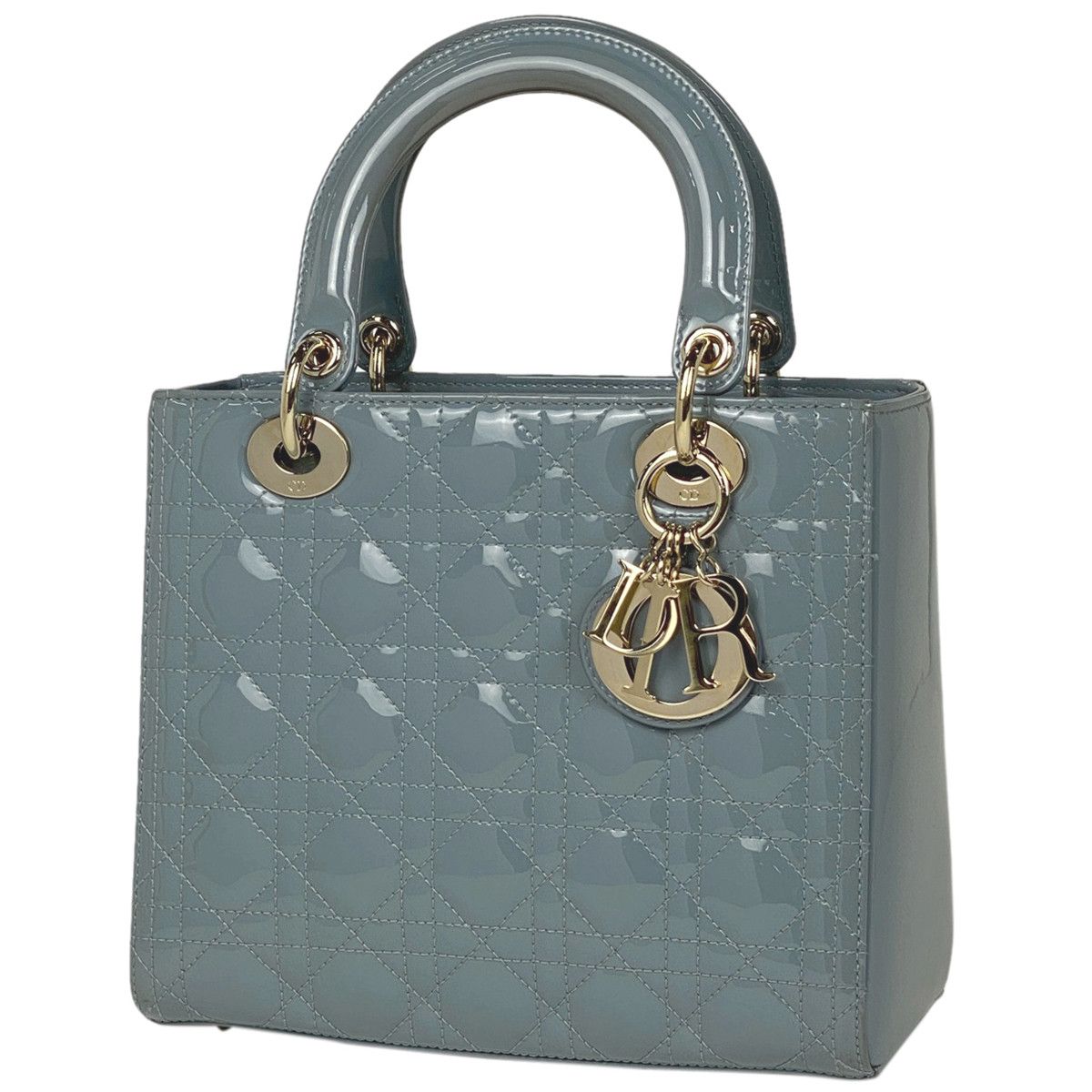 image of Christian Dior Medium Enamel Cannage Handbag Patent Leather Blue, Women's