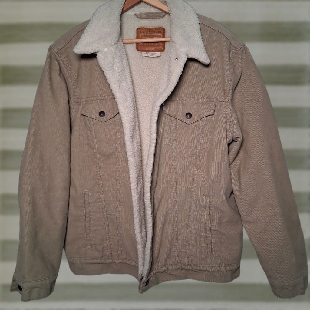 VINTAGE Levi's Trucker Jacket Corduroy XL Tan Beige Sherpa Lined Levi's Premium Men Corduroy Short Snap Closure