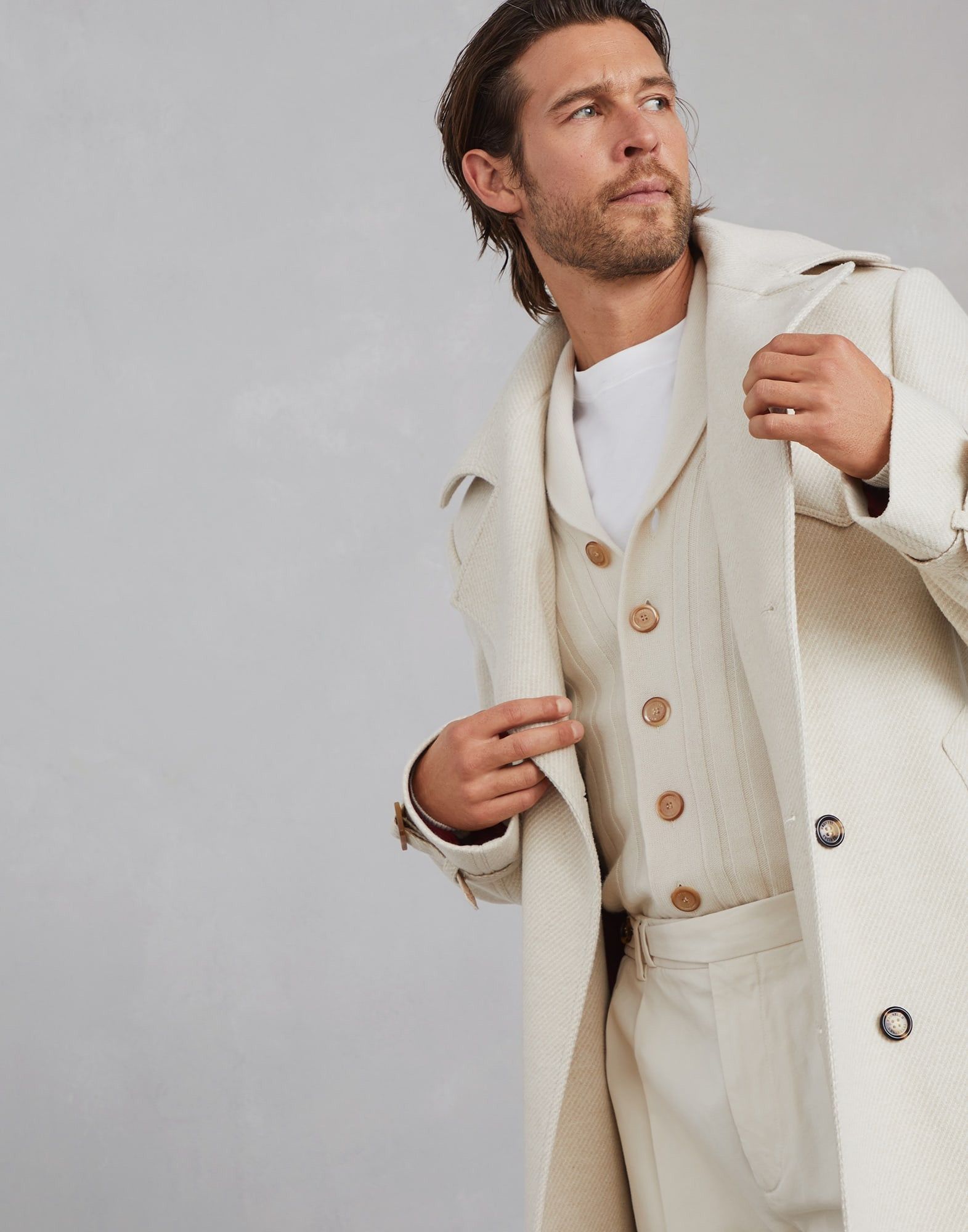 Brunello Cucinelli o1w1db10226 Wool And Silk Cashmere Trench Coat in Off White Size US L / EU 52-54 / 3 - 4 Thumbnail