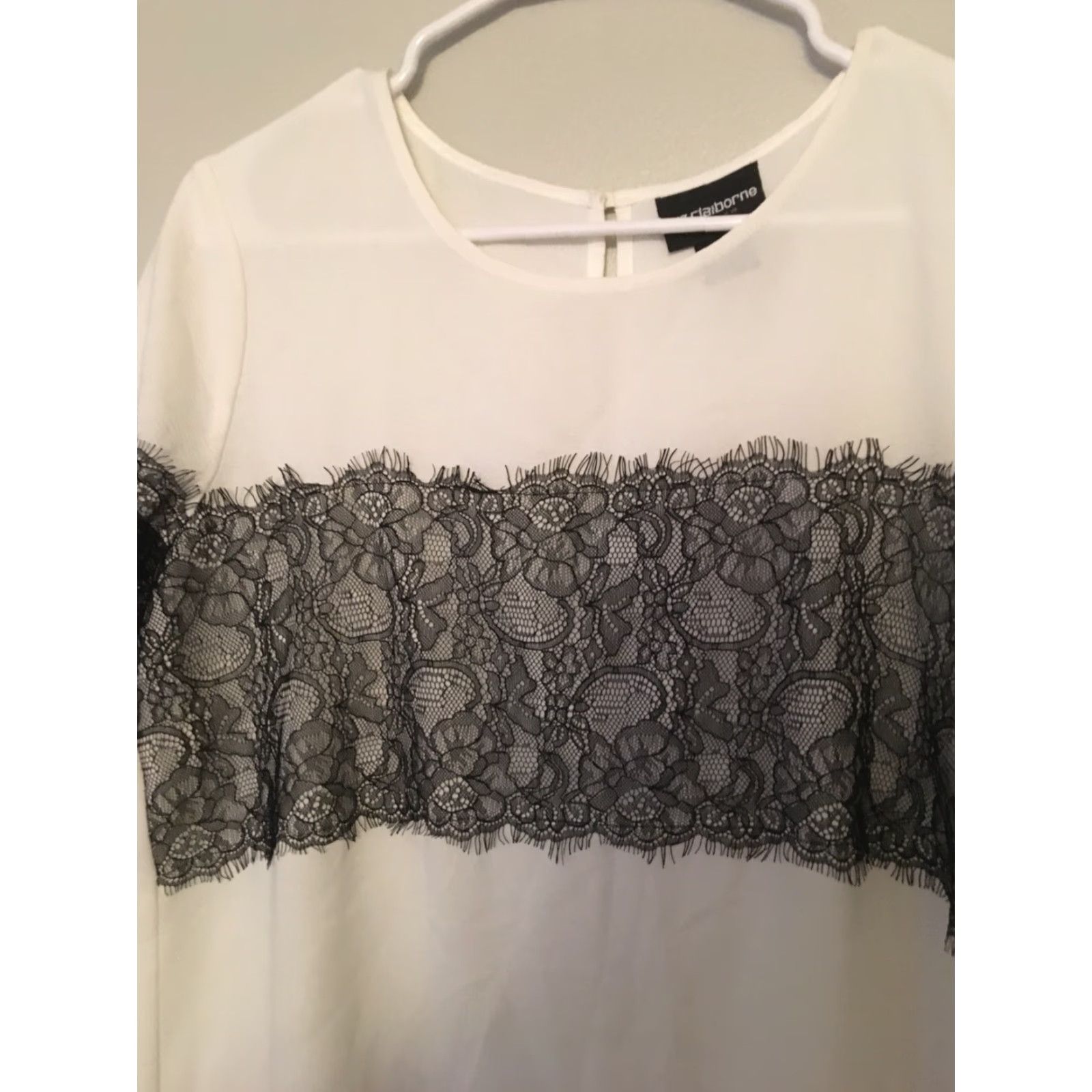 Liz Claiborne Liz Claiborne Womens Blouse White Black Lace Sleeves Round Neck Sz M Shirt Top Size M / US 6-8 / IT 42-44 - 2 Thumbnail