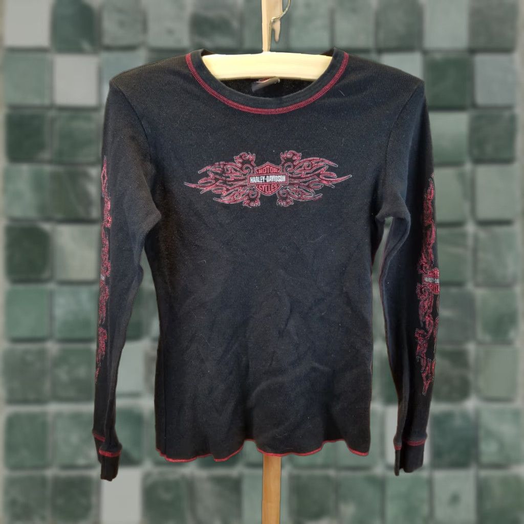 Harley Davidson VINTAGE Harley-Davidson T-Shirt WOMEN'S Long Sleeve Thermal Black SZ M Modern Wearable 90s Style Size M / US 6-8 / IT 42-44 - 1 Thumbnail