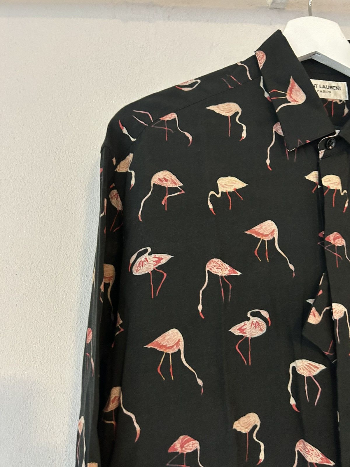 Saint Laurent Paris Saint Laurent Flamingo Print Button-Up Shirt, Black, Viscose Size US L / EU 52-54 / 3 - 7 Thumbnail