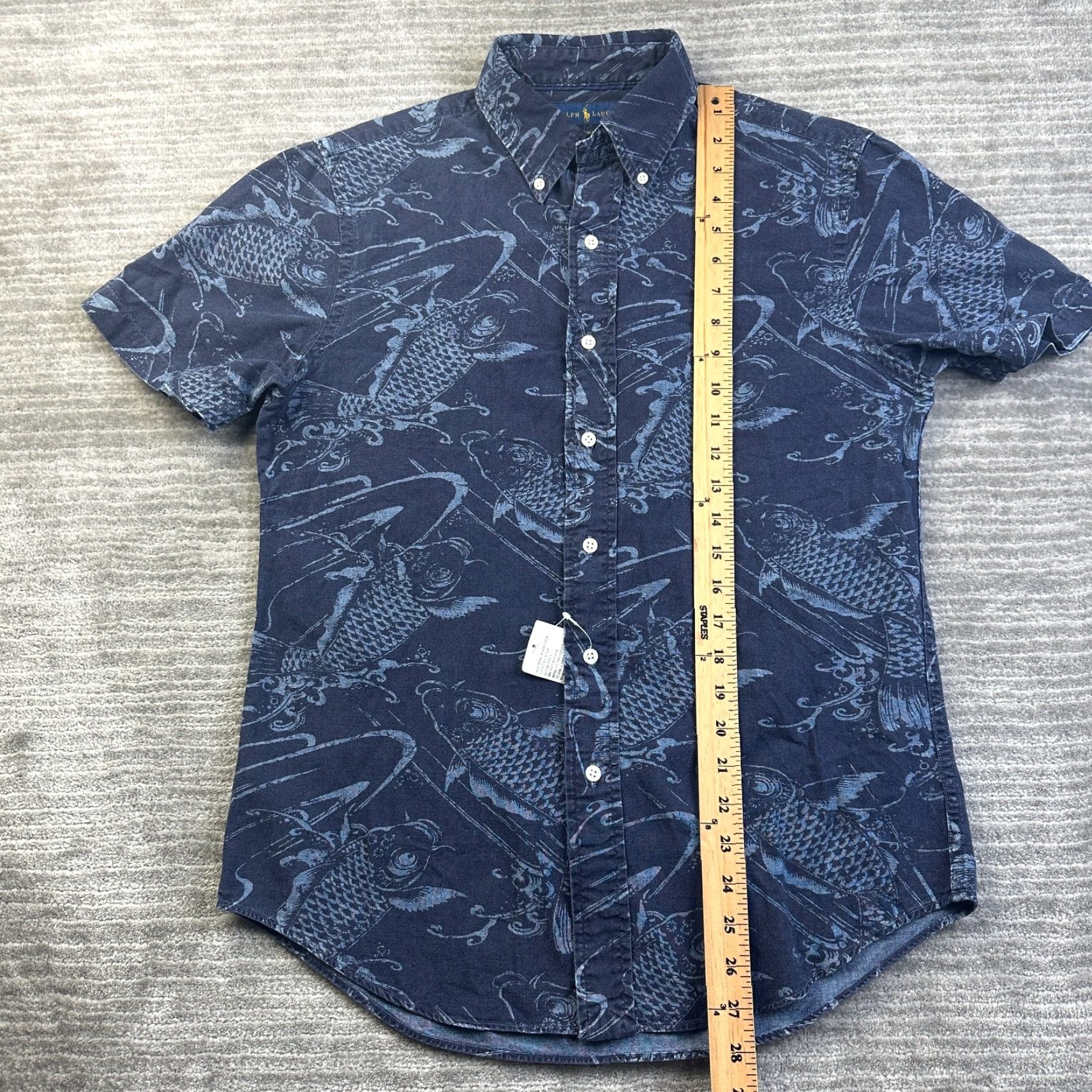Ralph Lauren Shirt Mens Medium Slim Blue Button Up Koi All Over Print Geometric Pattern Short Sleeve Collared Knit Cotton Embroidered Button Up