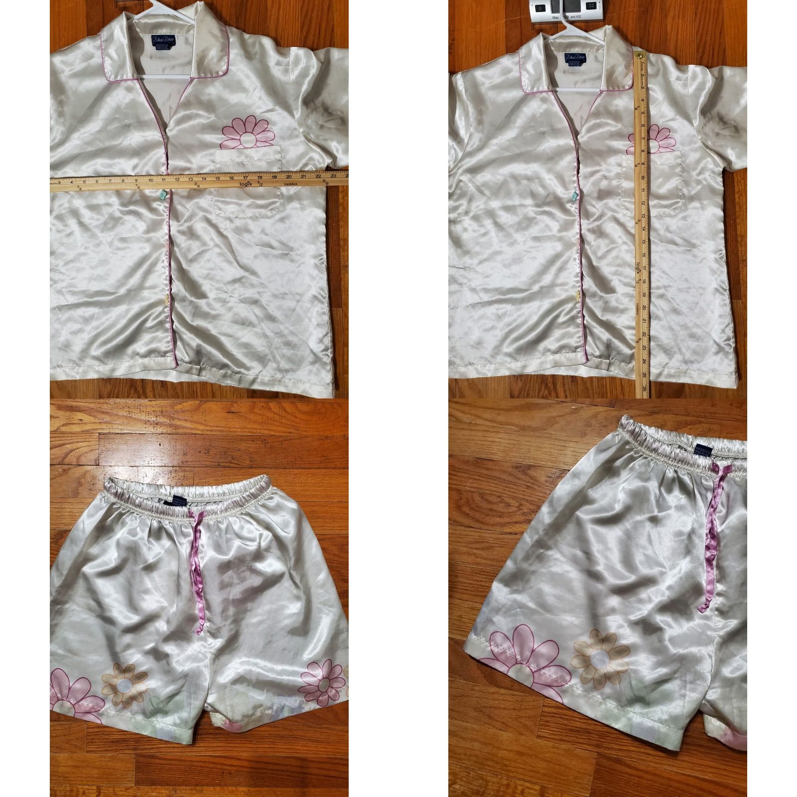Vintage Lillian Lorow Satin Pajama Set Shirt Short Sleeve Button Up Pink Trim Womens Medium White Floral 90s Classic Lounge Set Size M / US 6-8 / IT 42-44 - 8 Thumbnail