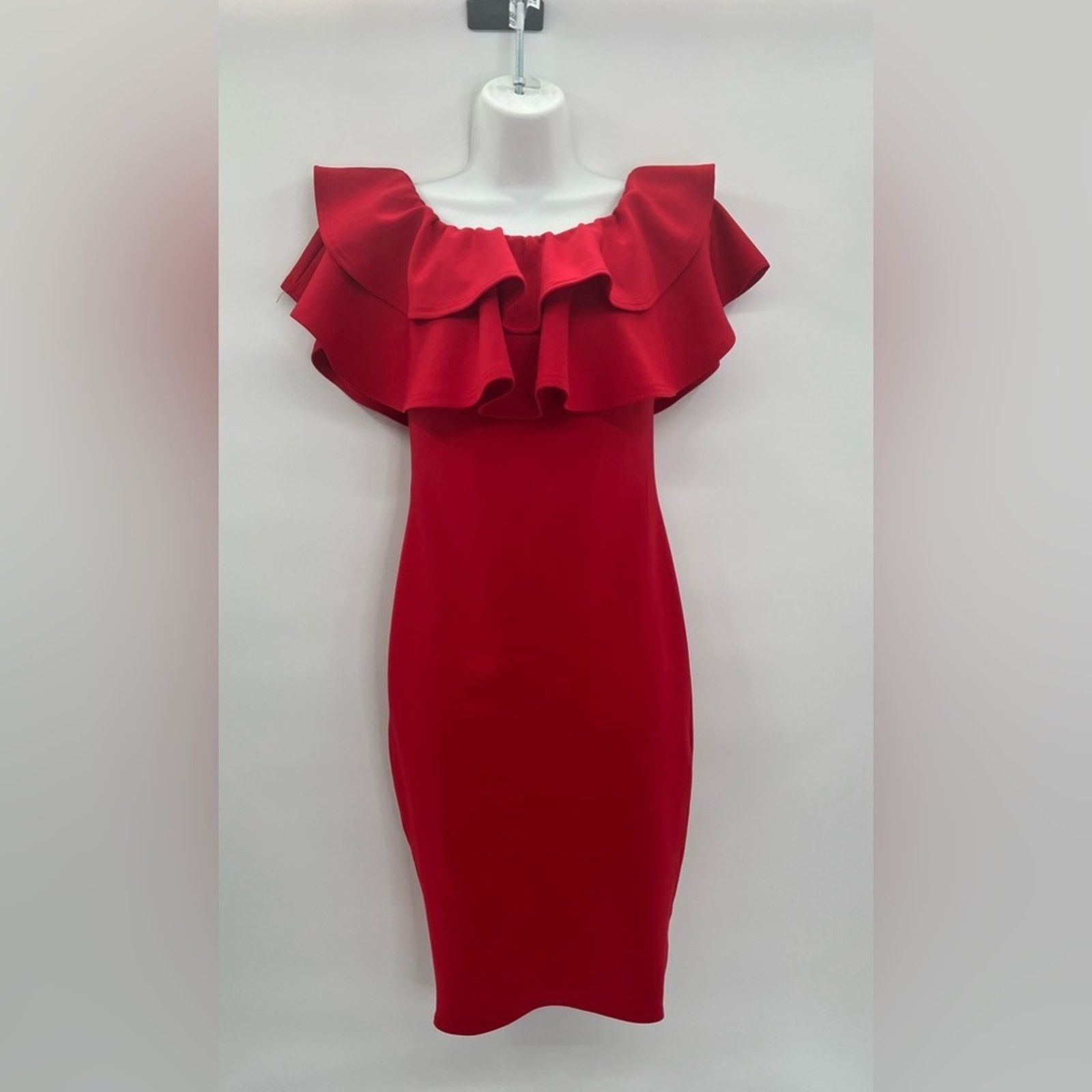 Boohoo Boohoo Red Tight Off Shoulder Ruffled Midi Dress Sz 8 Size M / US 6-8 / IT 42-44 - 2 Thumbnail