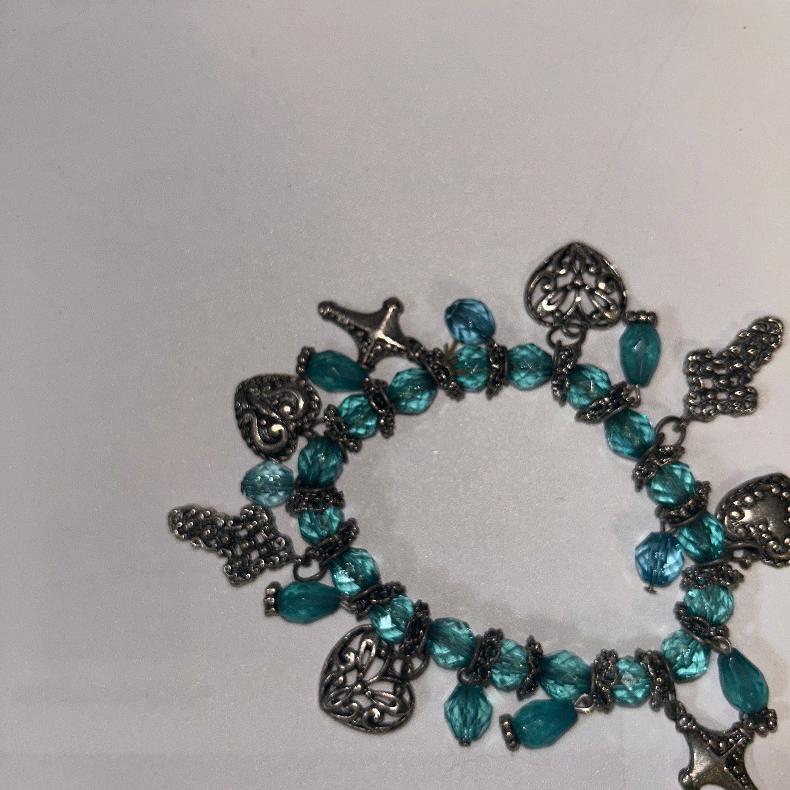 Other Aqua Blue Beaded Silver-Tone Charm Stretch Bracelet Women's Size ONE SIZE - 4 Thumbnail
