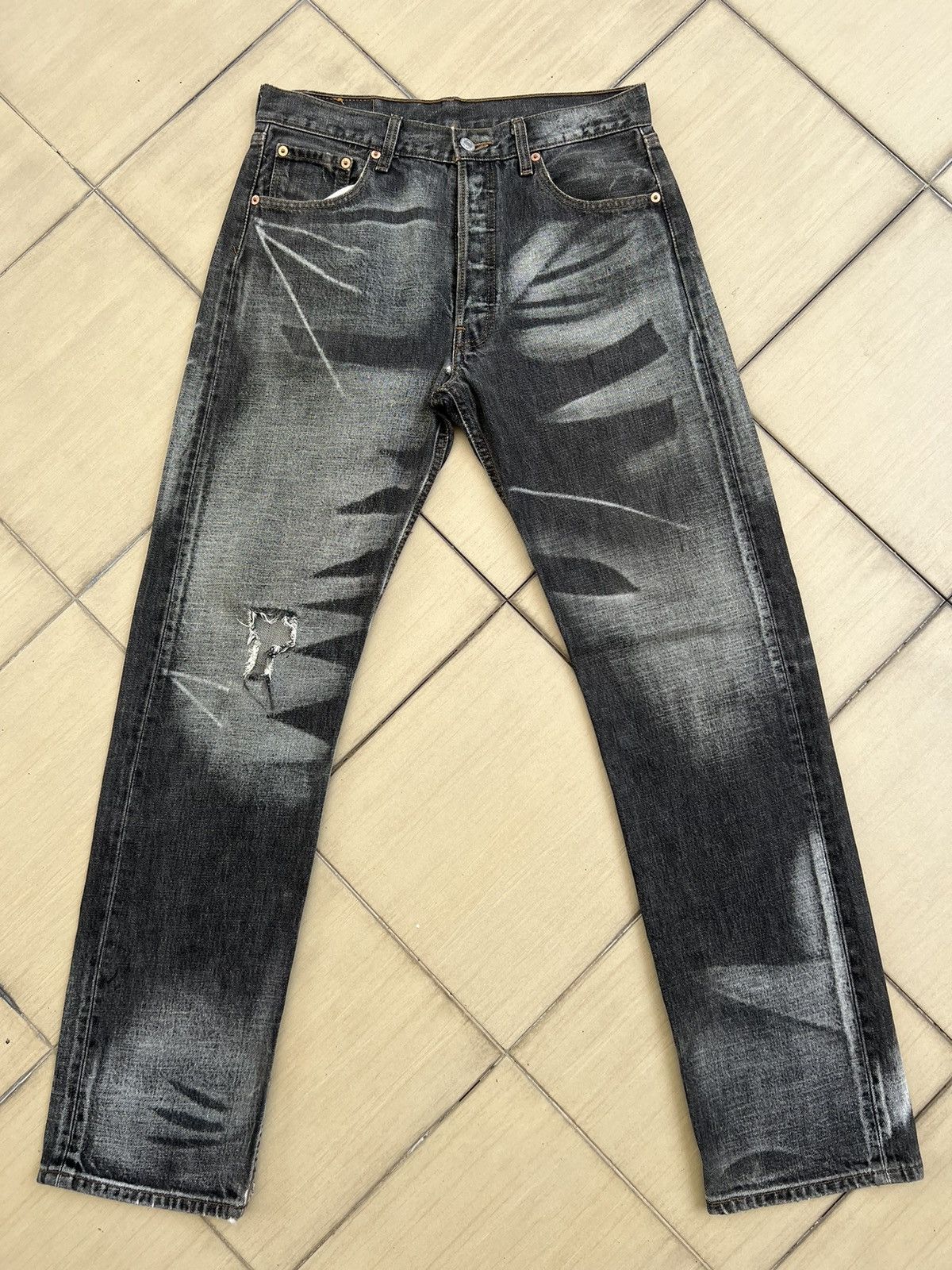 image of Levis x Vintage Y2K 2003 Levi’S 501 Jeans Distressed Laser Denim in Faded Black, Men's (Size 30)