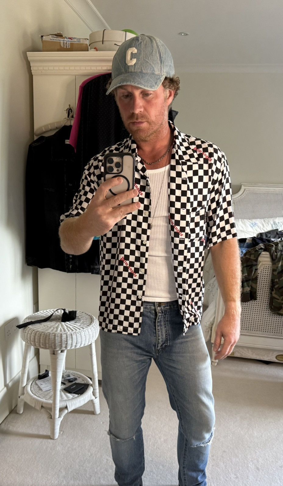 $790 Palm angels checkerboard checker ss hawaiian shirt 52