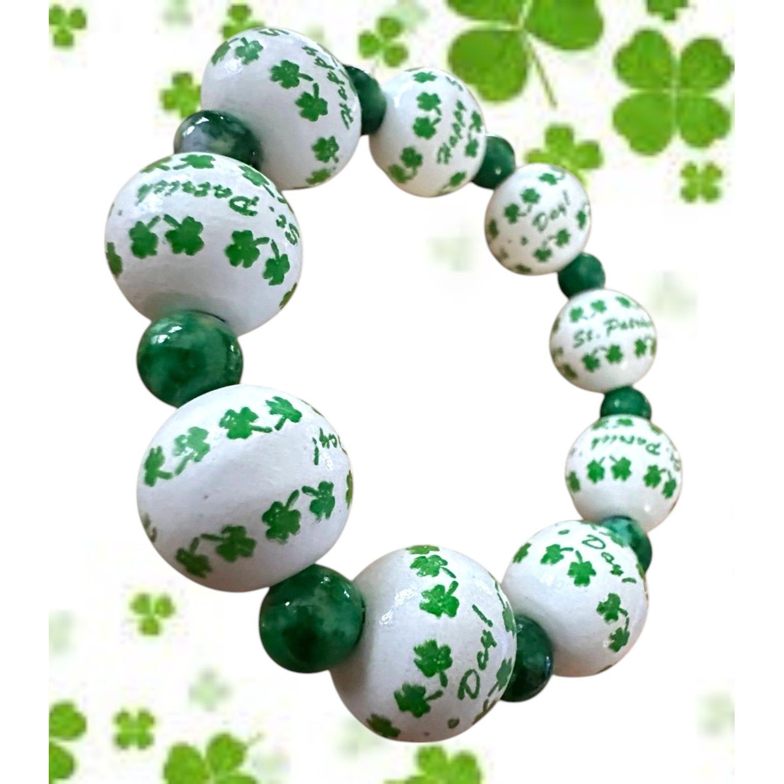 Handmade Happy St Patricks Day Shamrock Wood Beaded Stretch Bracelet Size ONE SIZE - 2 Thumbnail