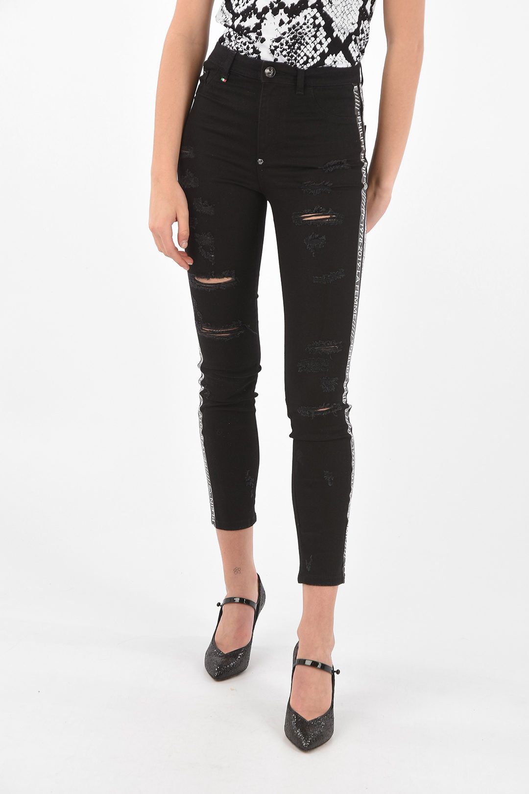 image of Philipp Plein Og1Mm0324 Logo Band Denim In Black, Women's (Size 25)