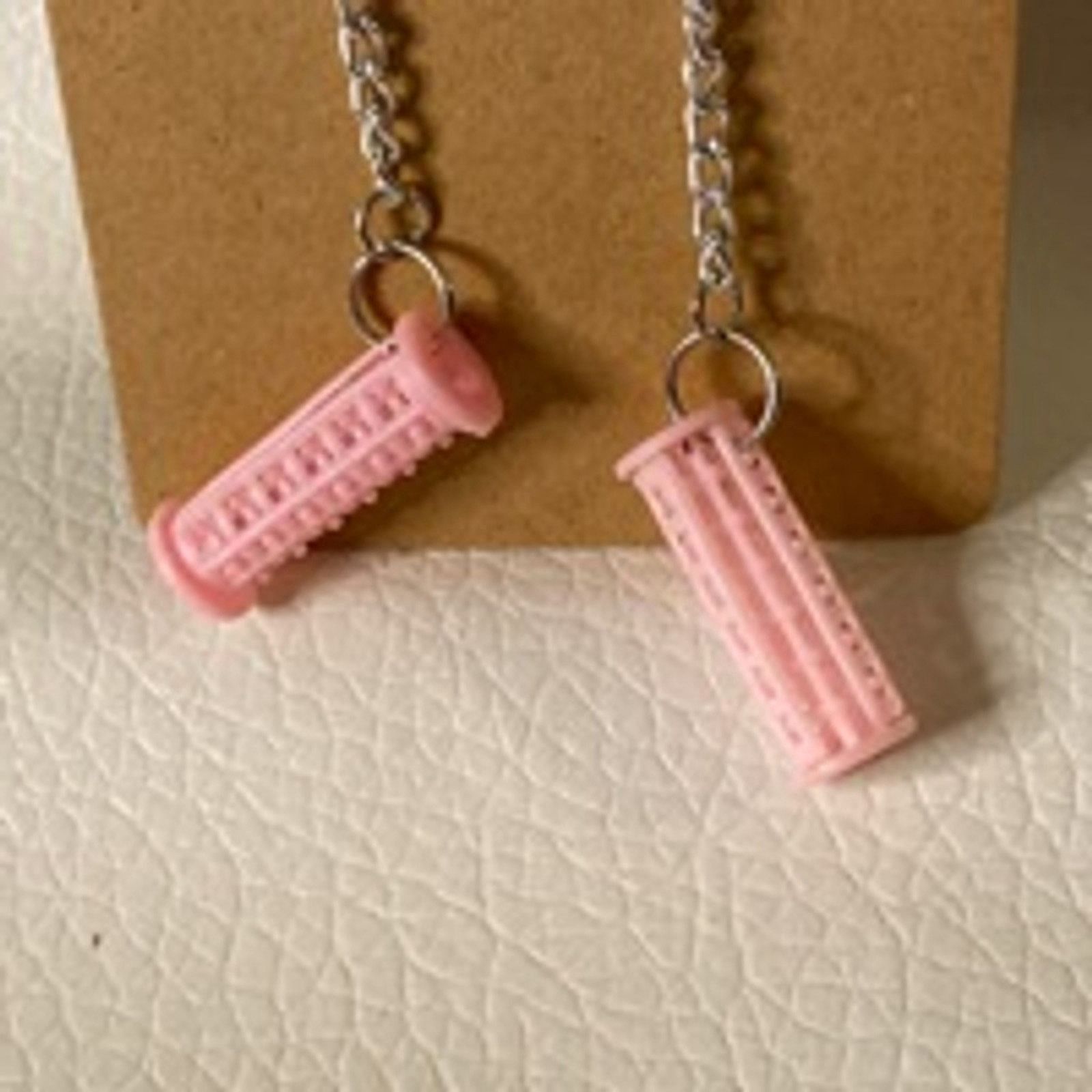 Other Handmade Pink Hair Roller Dangle Earrings Hypoallergenic Size ONE SIZE - 4 Thumbnail