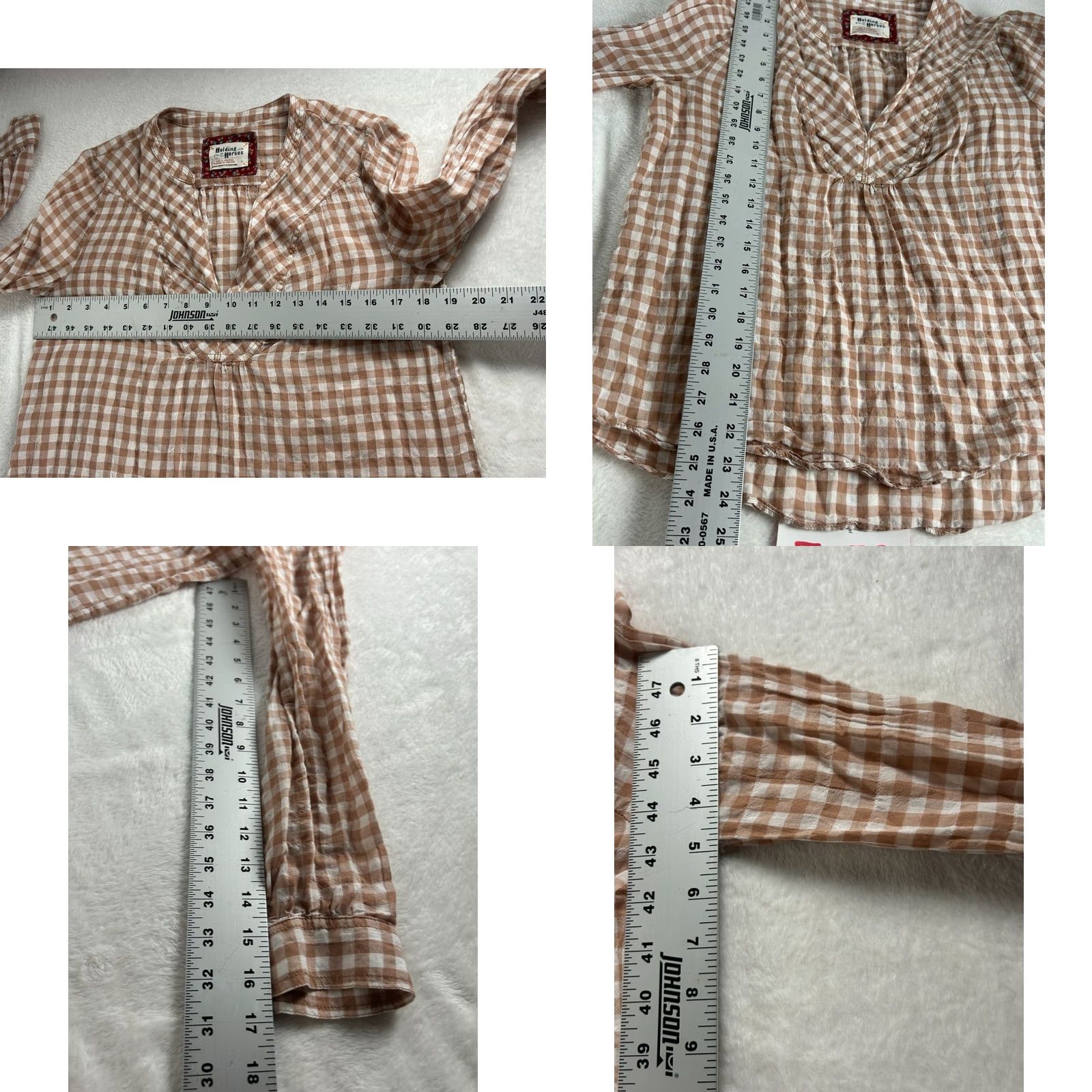 Anthropologie Holding Horses Devon Gingham Top Womens Size 2 Brown White Long Sleeve V-Neck Pullover Blouse Size XS / US 0-2 / IT 36-38 - 8 Thumbnail