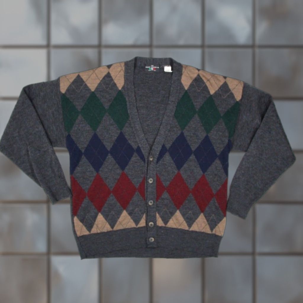 CO VINTAGE Italian Sweater Co Mens Large Gray Argyle Wool Blend Cardigan Sweater Size US L / EU 52-54 / 3 - 1 Thumbnail