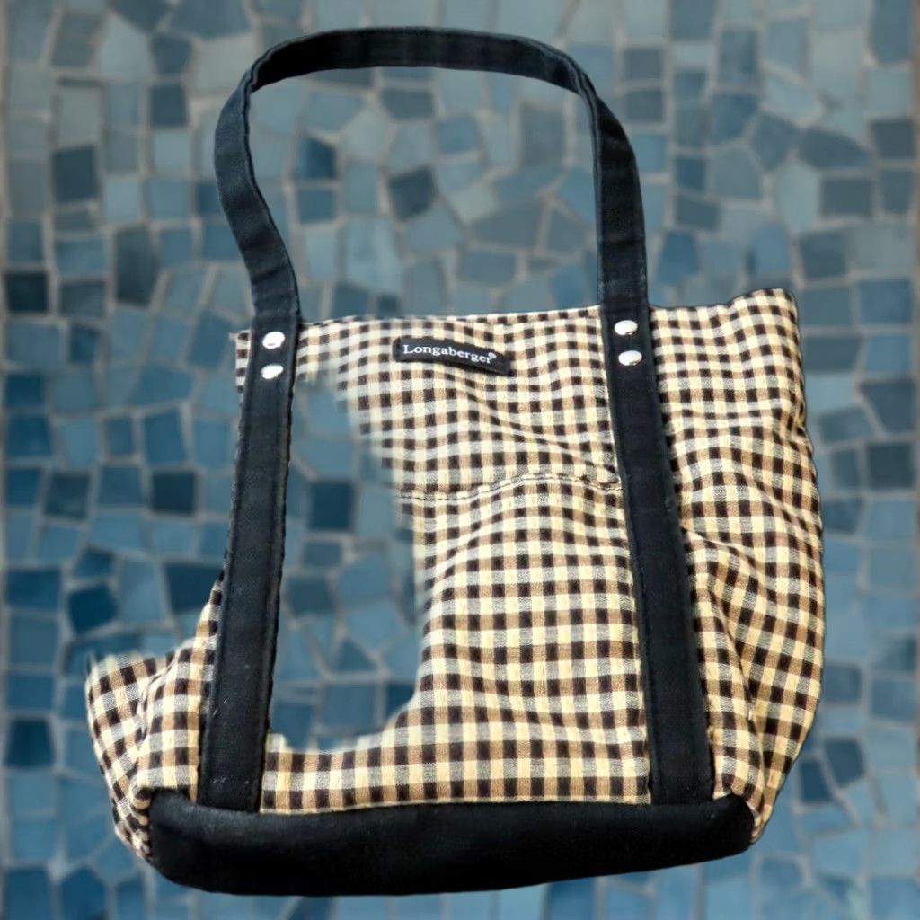 Vintage Longaberger Tote Purse Bag Khaki Beige Checkered 10x9x4 Women Homemestead Pattern Pockets Size ONE SIZE - 1 Thumbnail