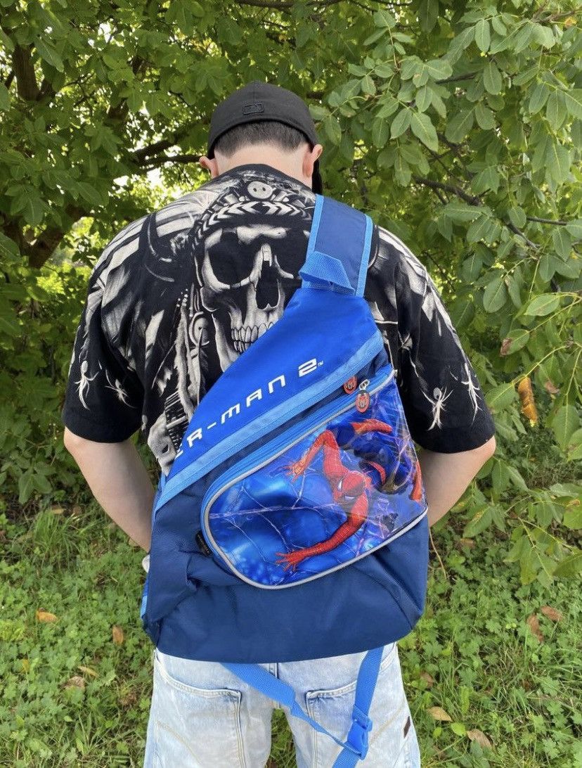 Archival Clothing x Vintage Marvel Spider Man Faded Vintage Distressed Sling Bag in Blue, Men's
