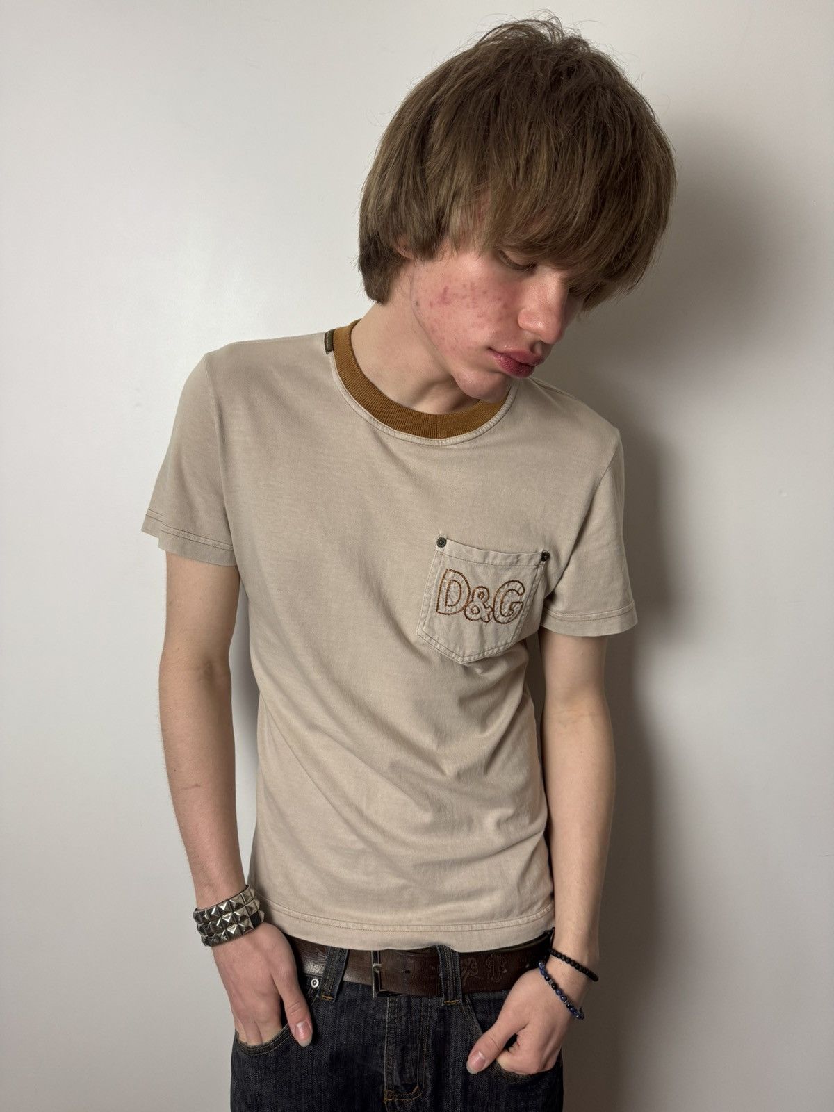 D&G Dolce & Gabbana Pocket Logo Tee Beige Luxury Design Y2K