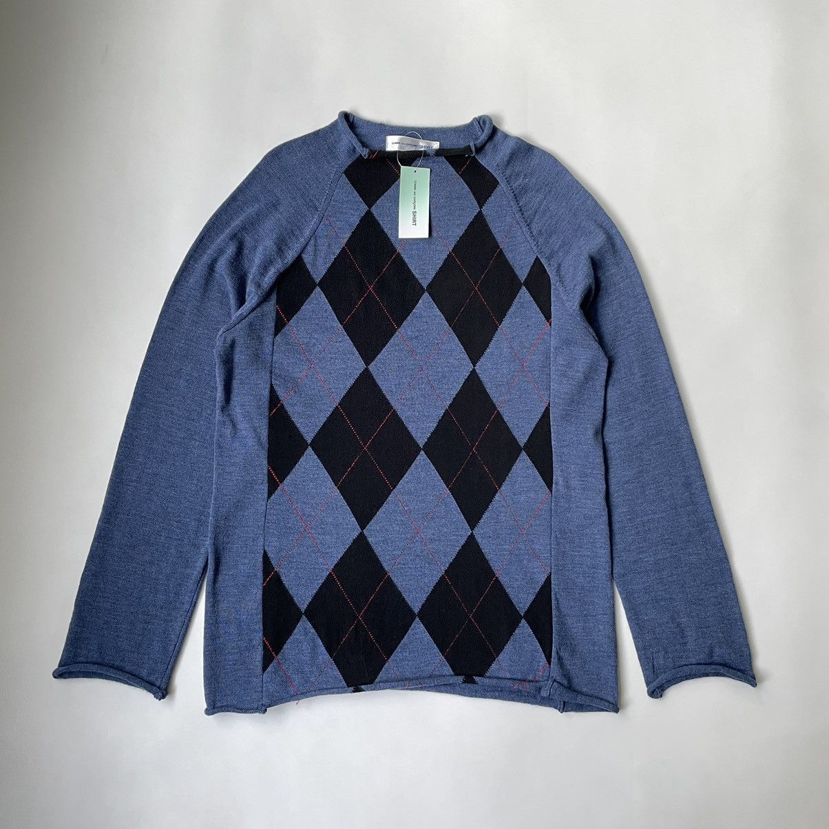 image of Comme Des Garcons Raw Hem Argyle Patterned Sweater in Blue, Men's (Size Medium)