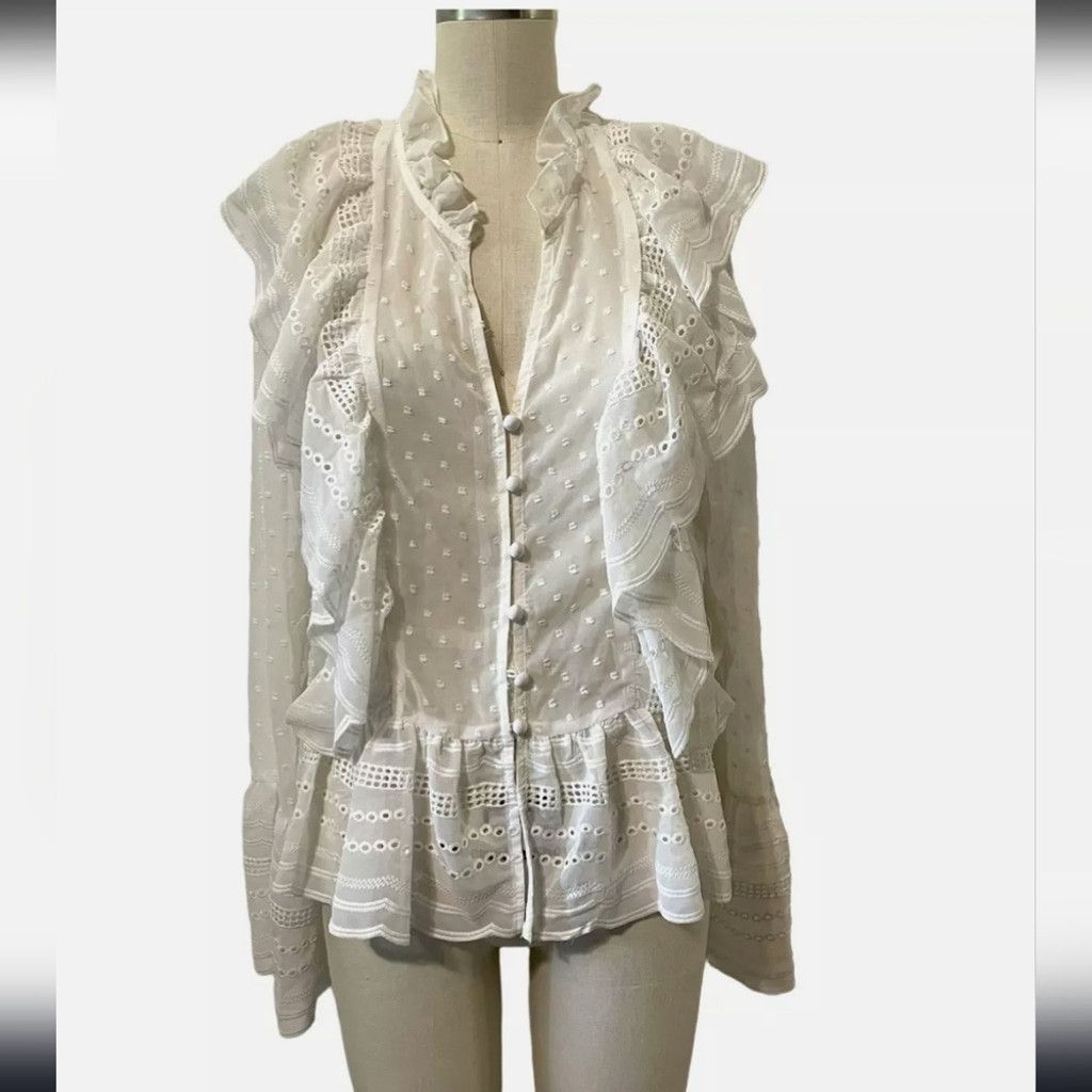 Other 70°F/21°C White Ruffled Peplum Blouse with Bib Collar Size S / US 4 / IT 40 - 2 Thumbnail