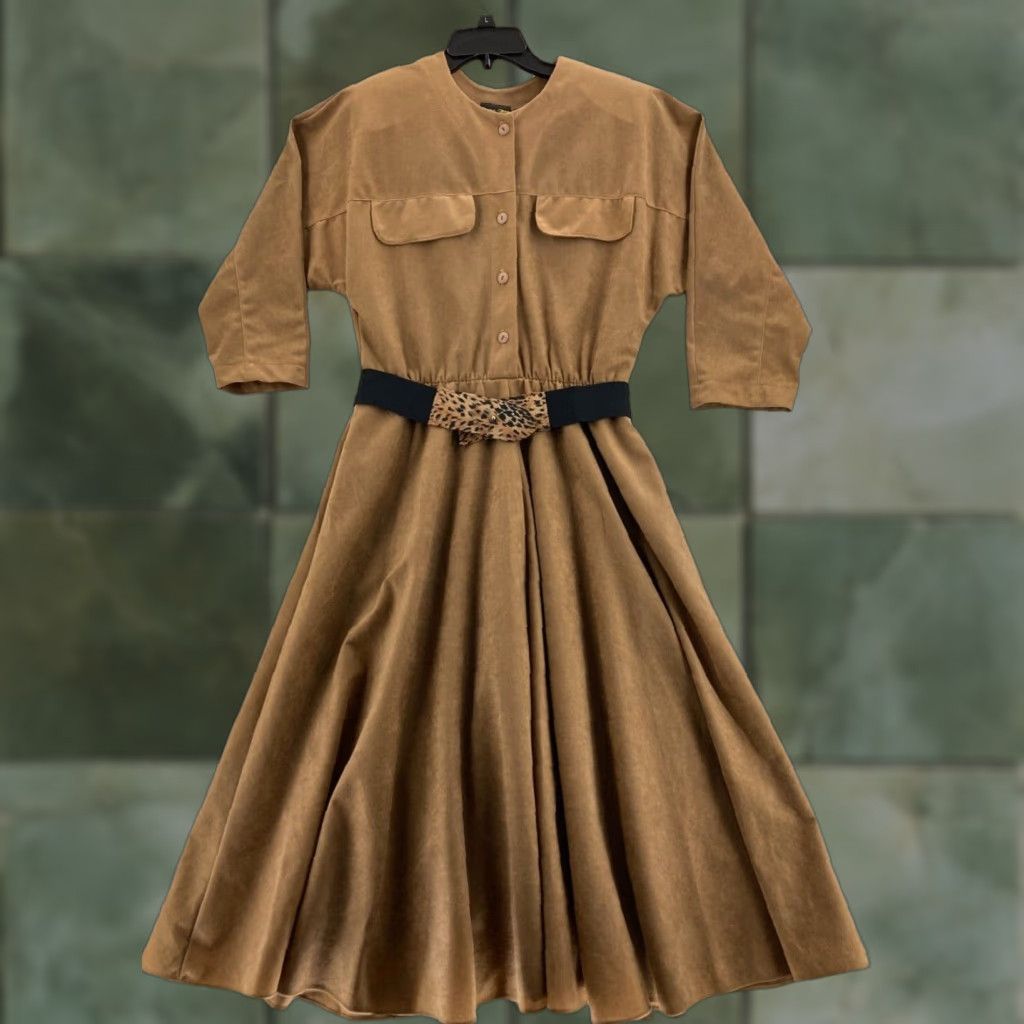 Vintage VTG Stuart Alen Dress Womens 12 Brown Polyester 1/4 Sleeve Belted Mid Length A-Line 3/4 Sleeve Crew Neck Vintage Womens Size XL / US 12-14 / IT 48-50 - 1 Thumbnail