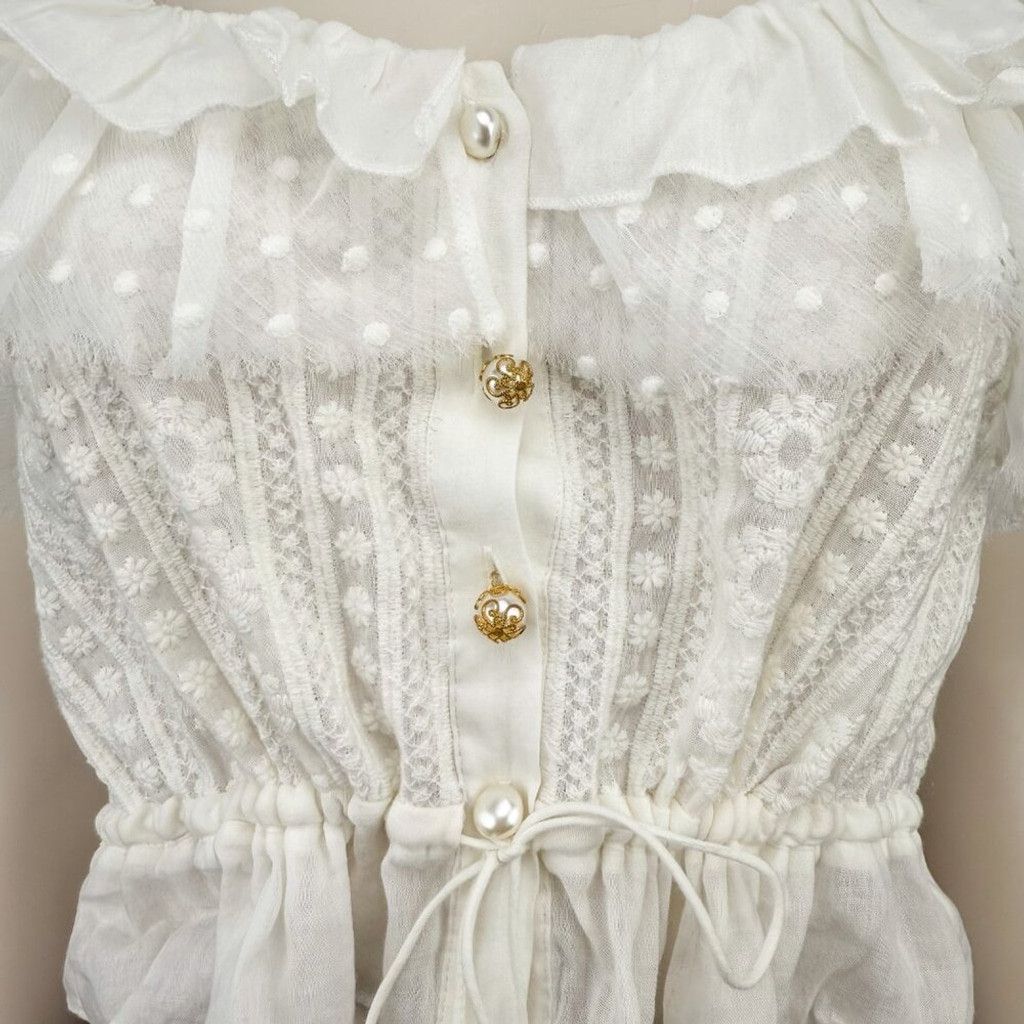 Other × The Kooples THE KOOPLES Feminine Embroidered White Crop Blouse Top S Size XS / US 0-2 / IT 36-38 - 2 Thumbnail