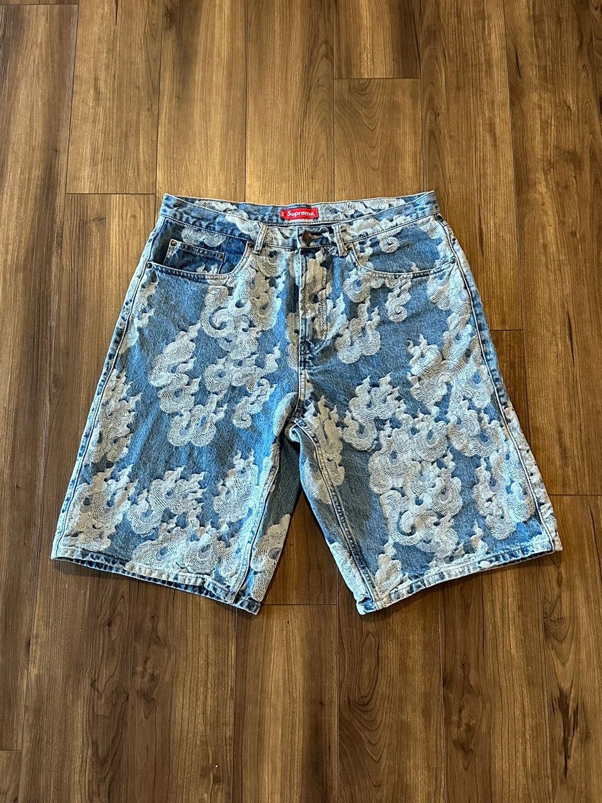 Pre-owned Supreme Ss23 Jacquard Flame Baggy Shorts In Denim