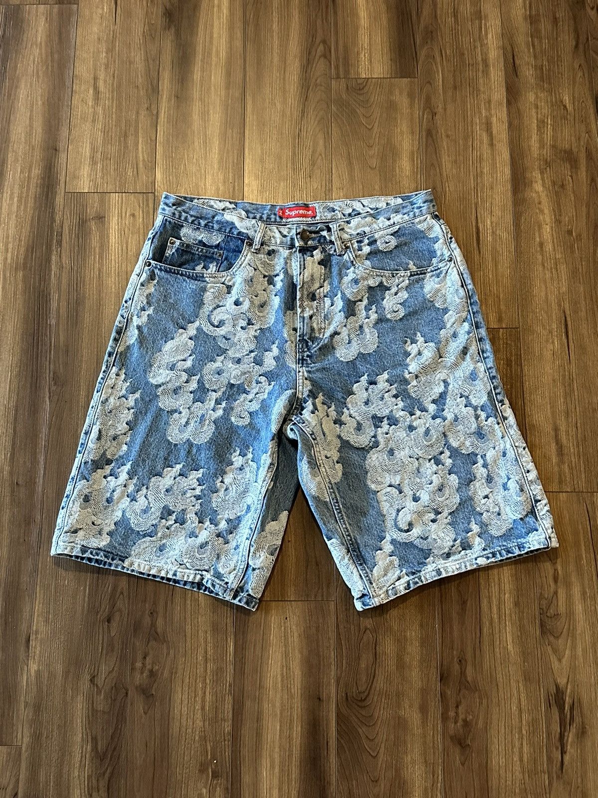 image of Supreme Ss23 Jacquard Flame Baggy Shorts in Denim, Men's (Size 34)