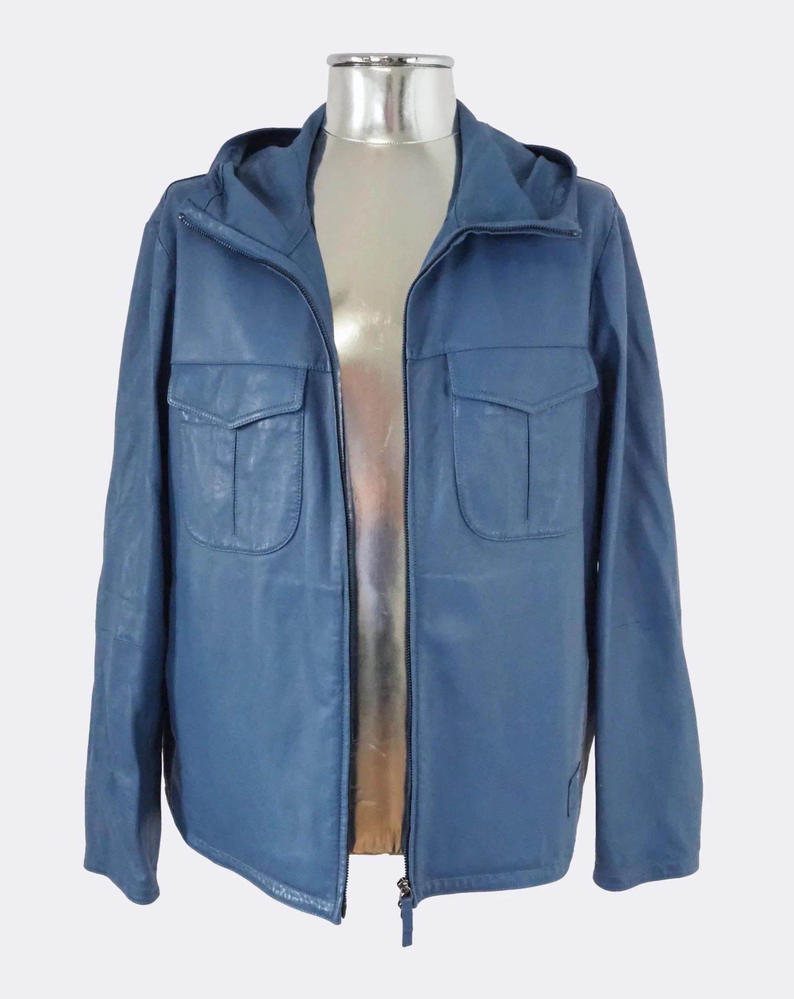 Emporio Armani Light Blue Hooded Zip-Front Leather Jacket $1175 Size US L / EU 52-54 / 3 - 9 Thumbnail