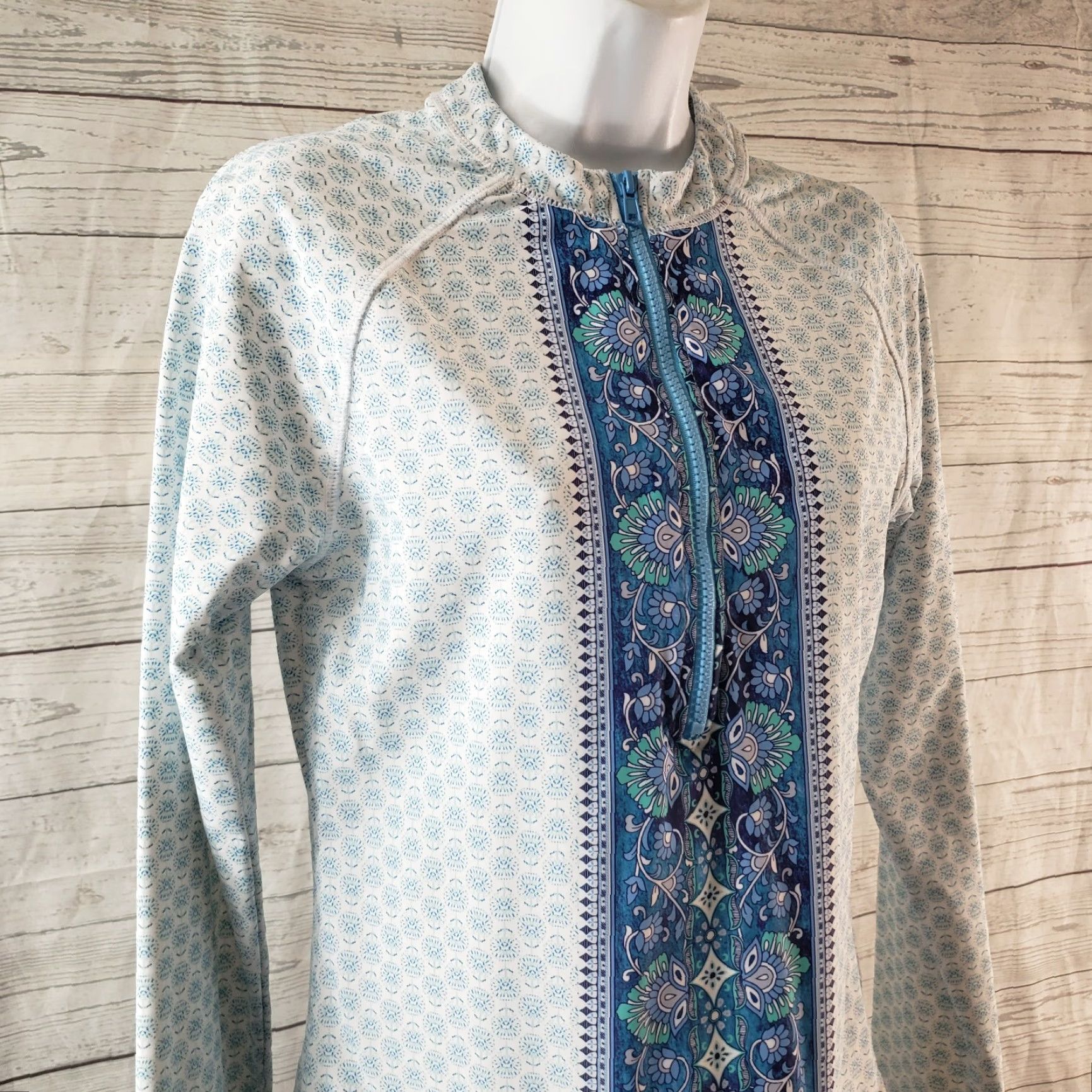 AQUA Aqua et Sol Womens Rashguard Top L Blue White Long Sleeve 1/2 Zip Nylon Blend Activewear Shirt Size L / US 10 / IT 46 - 2 Thumbnail