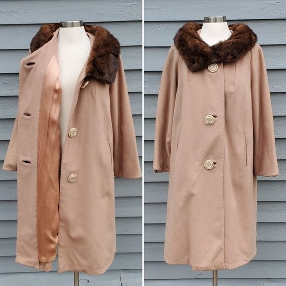 Vintage Vintage 50s 60s Jackie O Kennedy Tan Wool Brown Mink Coat Size XL / US 12-14 / IT 48-50 - 2 Thumbnail