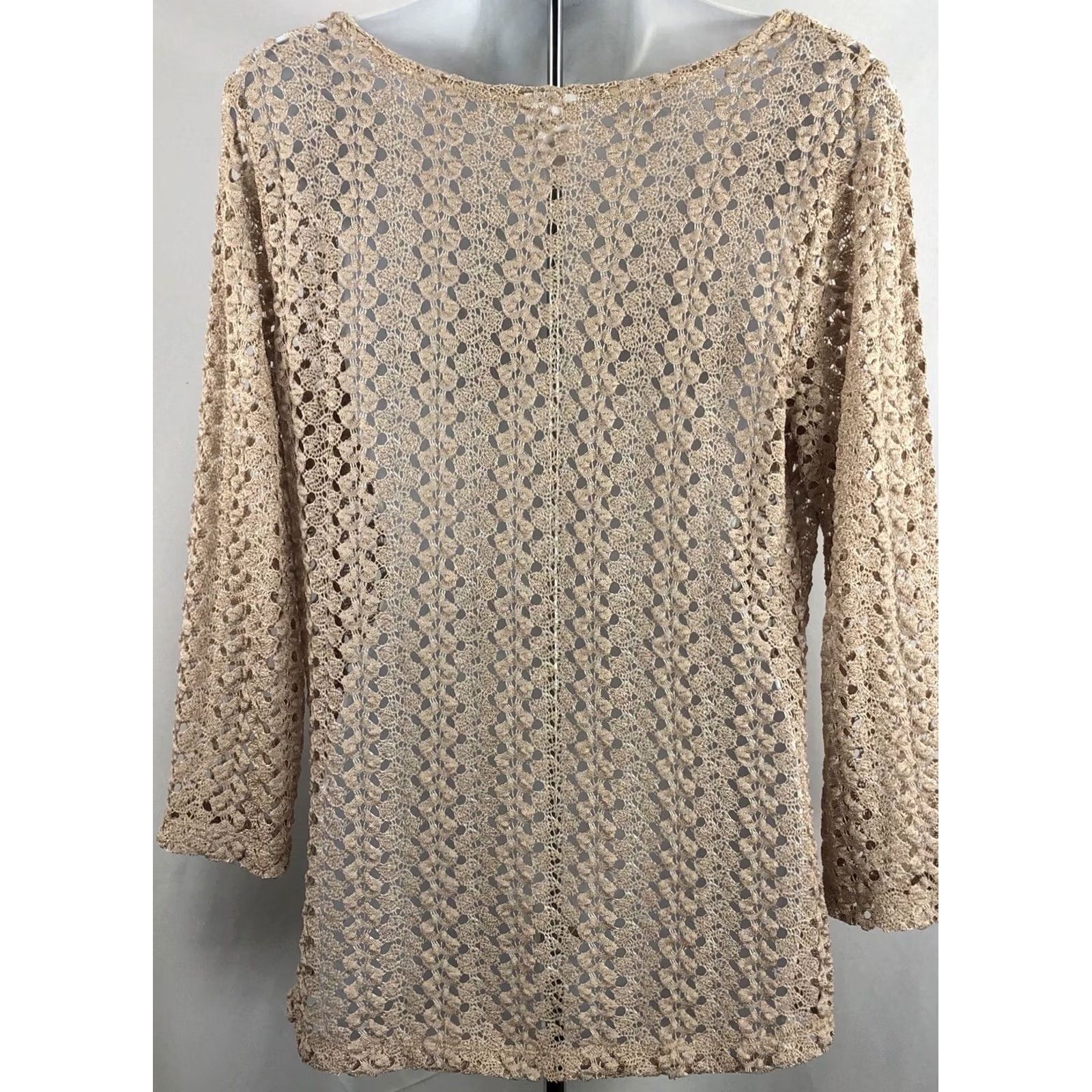 JM Collection JM Crochet Lace Top Tan 3/4 Sleeve Fairy Y2K Pullover Size L / US 10 / IT 46 - 3 Thumbnail