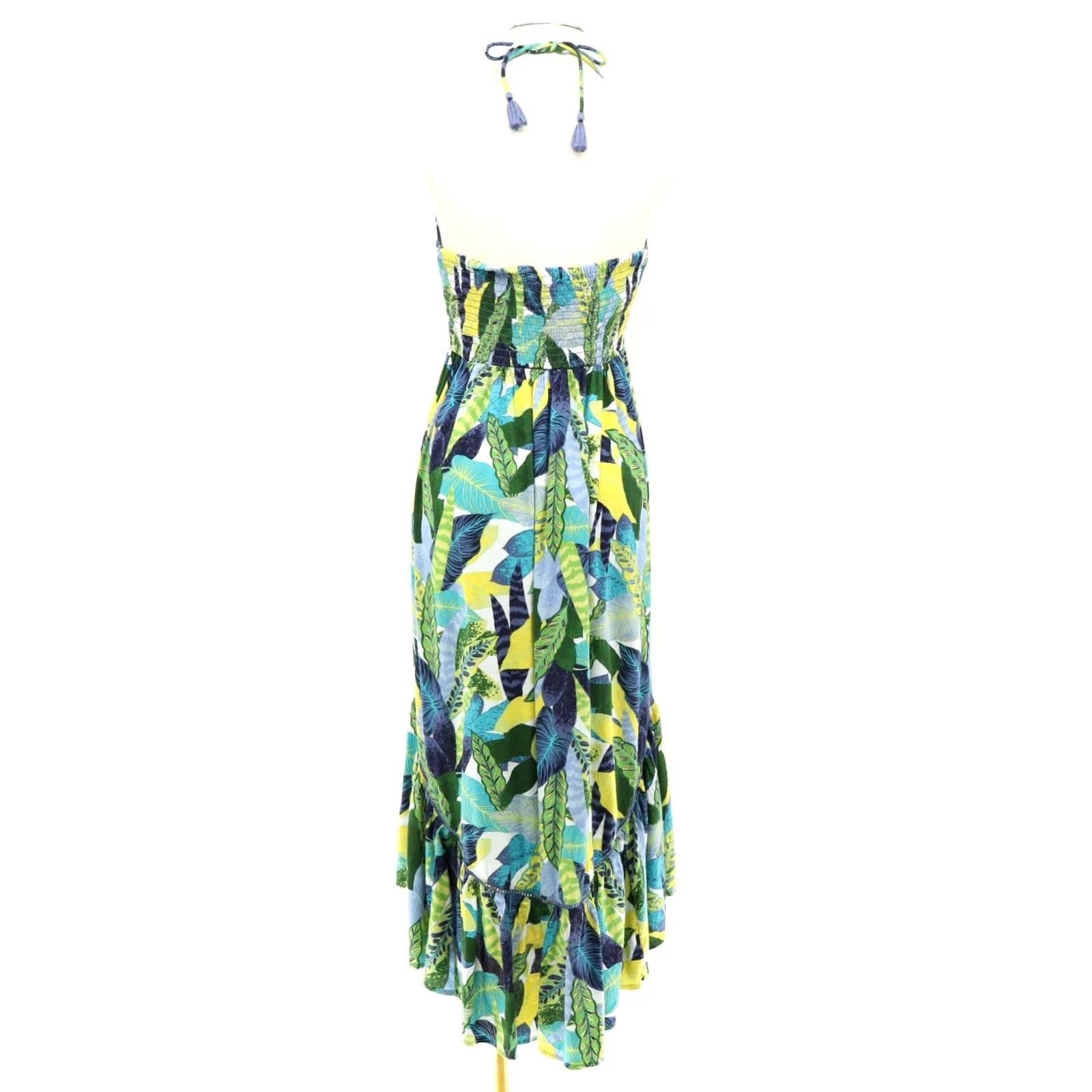 Vintage Aerie Maxi Dress Halter Cotton Viscose Floral Blue Green Yellow Sleeveless Strappy Neckline Halter Coastal Resort M Womens Tropical Theme Size M / US 6-8 / IT 42-44 - 3 Thumbnail