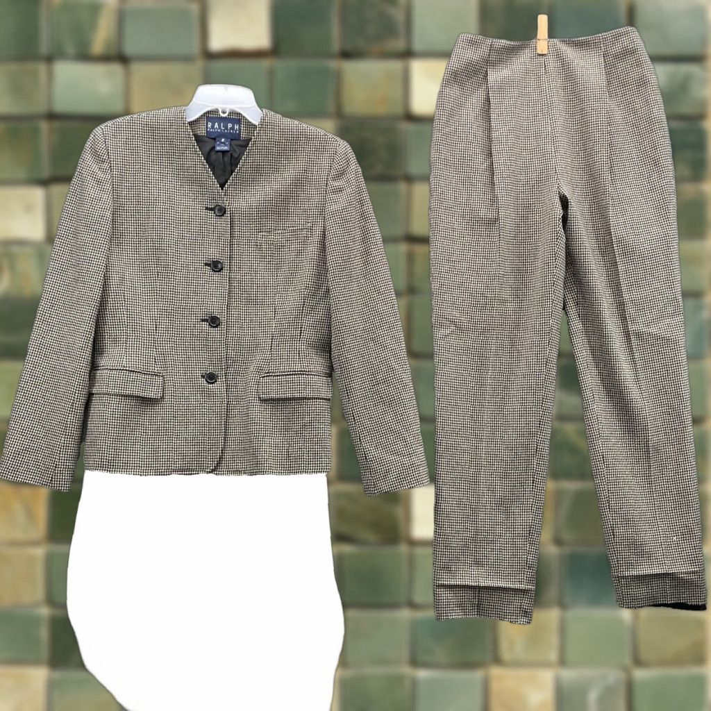 VTG Ralph Lauren 100% Wool Pant Suit Women 8 Houndstooth Blazer Jacket Wool Black Classic Retro Designers Corpcore Vintage Women 8 Mens?