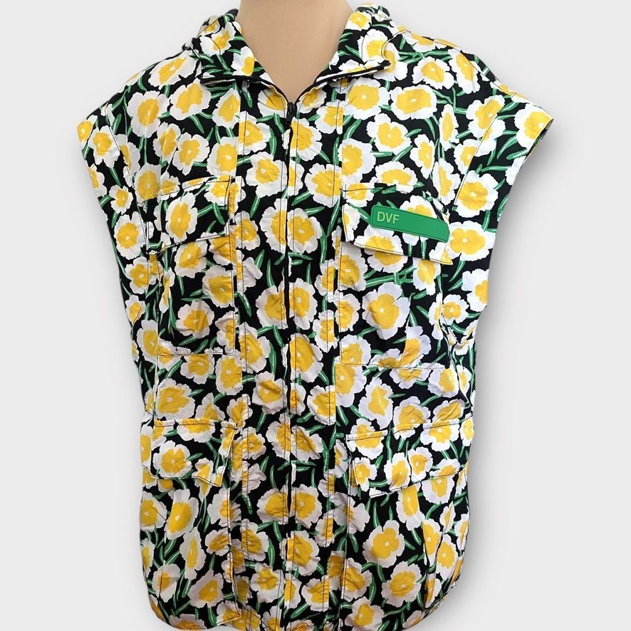 Diane von Furstenberg DVF Nylon Yellow Floral Short Sleeve Hooded Vest XS Size XS / US 0-2 / IT 36-38 - 5 Thumbnail