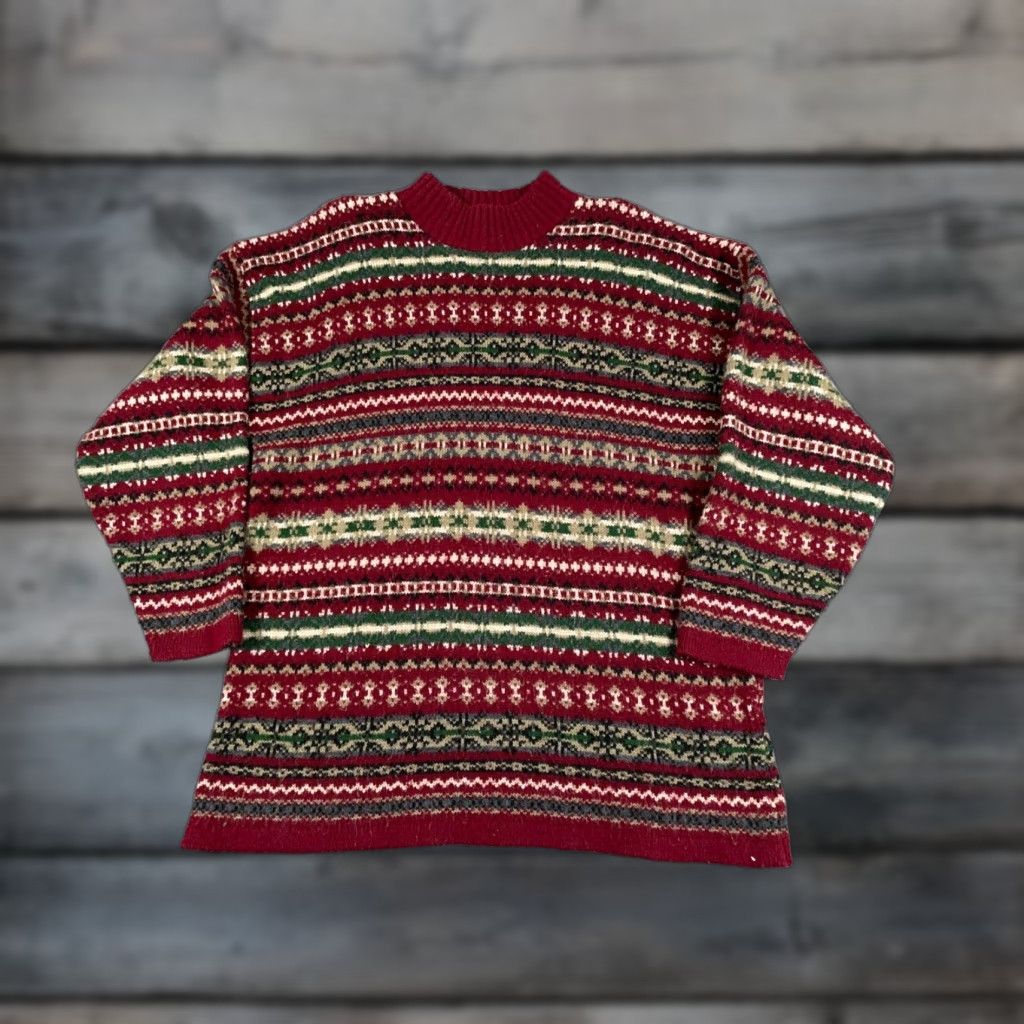 Vintage VINTAGE Women's Small Red Fair Isle Pattern Mock Neck Sweater Chunky Knit Pullover Fall Winter Geometric US Size S / US 4 / IT 40 - 1 Thumbnail