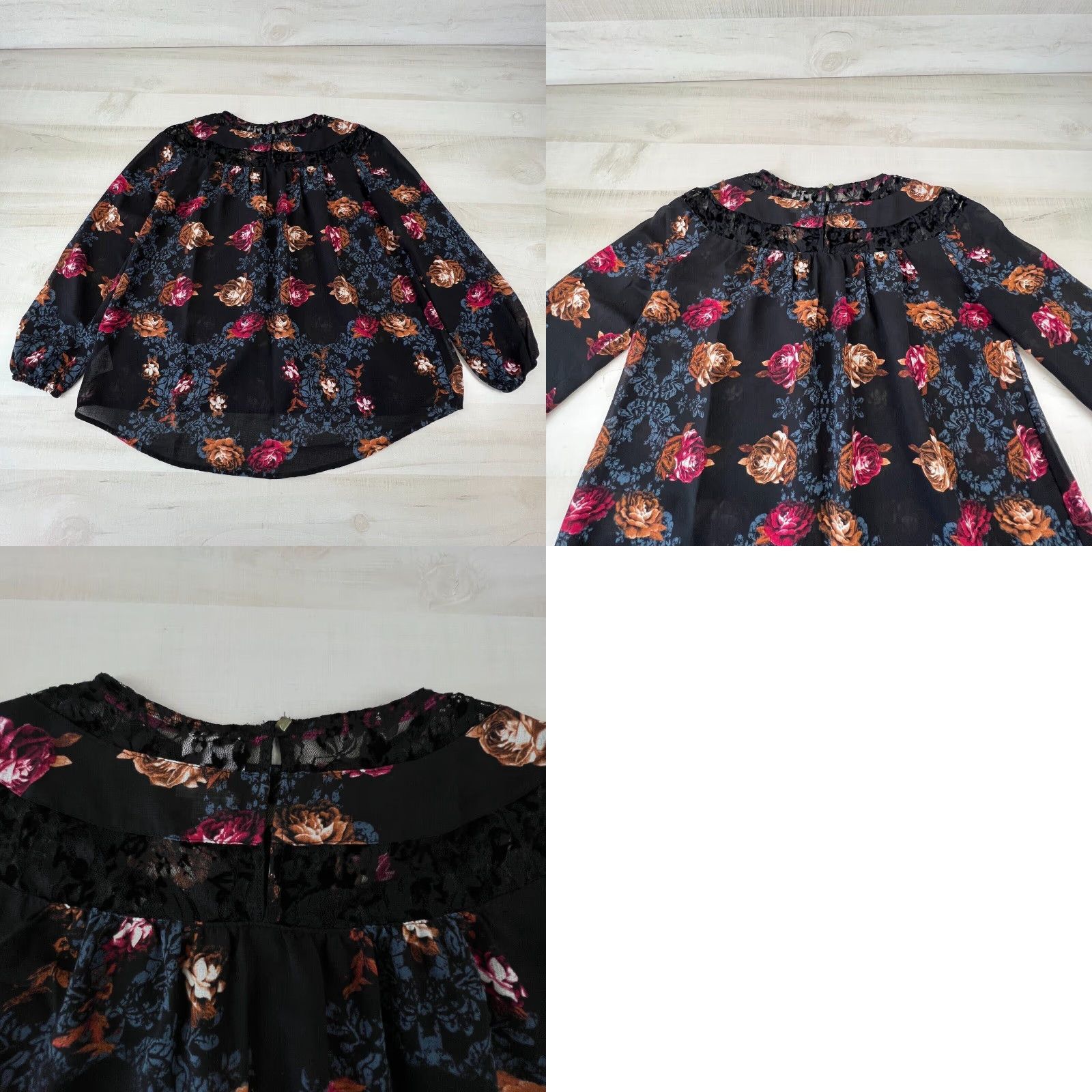 Vintage Knox Rose Womens XS Top Black Floral Boho Blouse Flowy Oversized Long Sleeve Size XS / US 0-2 / IT 36-38 - 8 Thumbnail