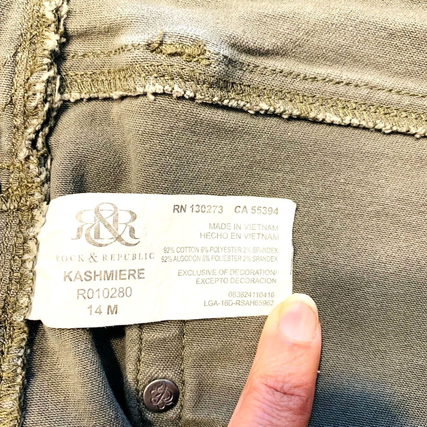 Vintage Rock & Republic Kashmiere Stretch Skinny Jeans Jegging Army Green Womens 14M EUC Size 36" / US 14 / IT 50 - 6 Thumbnail