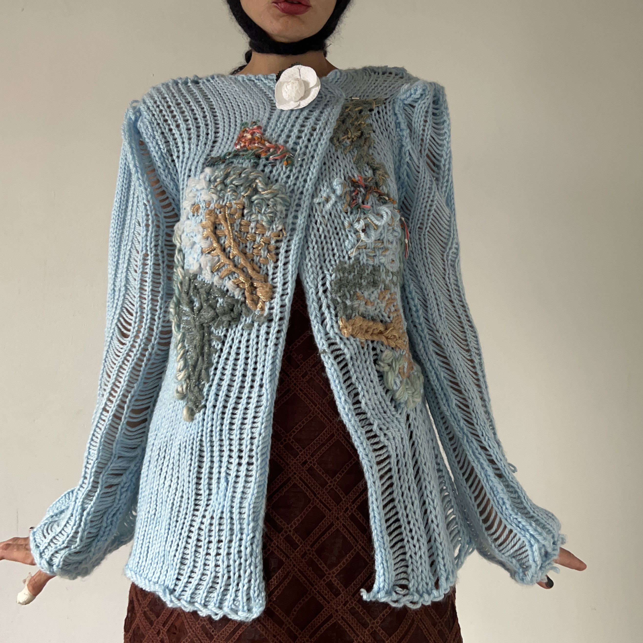 Handmade Hand Knit pastel blue tapestry cardigan Size M / US 6-8 / IT 42-44 - 1 Thumbnail