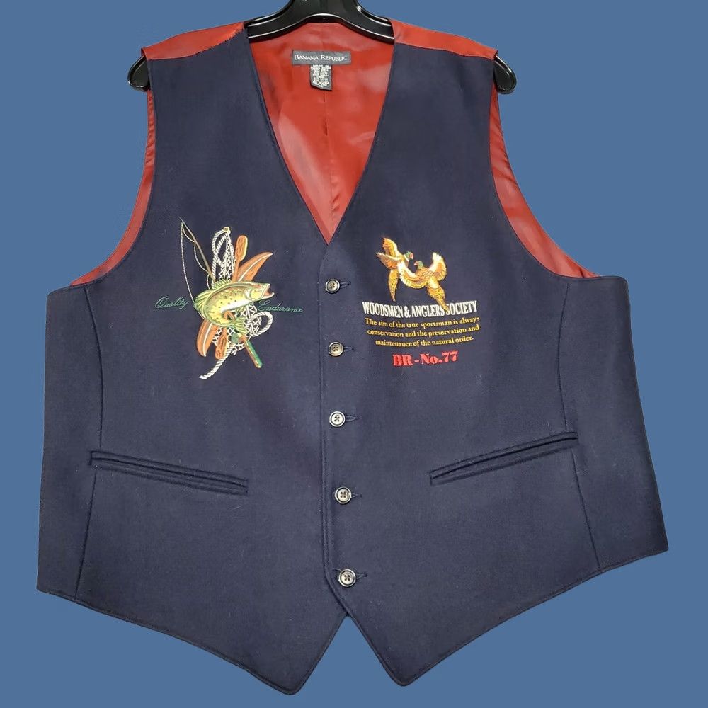 Banana Republic VINTAGE Banana Republic Vest Mens XL Black Wool Lined Woodsmen & Anglers Society Classic Rare 80s 90s USA Button Pockets Reg Mens Size US XL / EU 56 / 4 - 1 Thumbnail