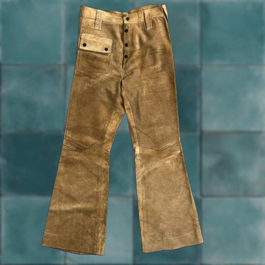 VINTAGE 1960s Leather Pants 28 Wide Leg Brown Rockabilly 60s Cowboy Suede 27x30