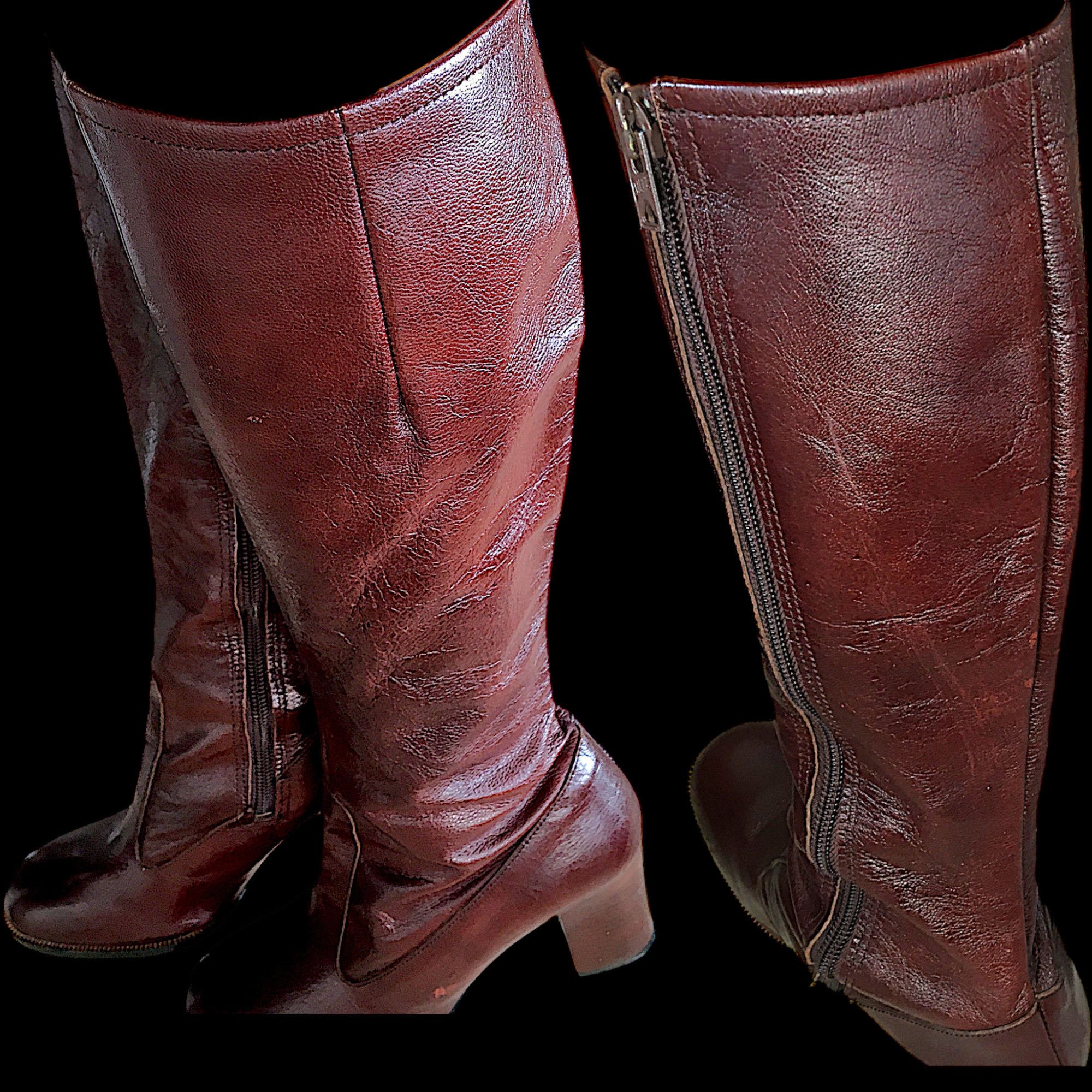 Vintage Burgundy Leather Boots - High Block Heel - France 70s Size US 6 / IT 36 - 13 Thumbnail