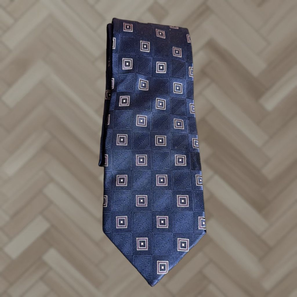 Vintage PRESIDENTIAL Donald J. Trump MENS Tie Silk Jacquard 3.25"x58" Dark Brown Light Blue Geometric Squares Size ONE SIZE - 1 Thumbnail