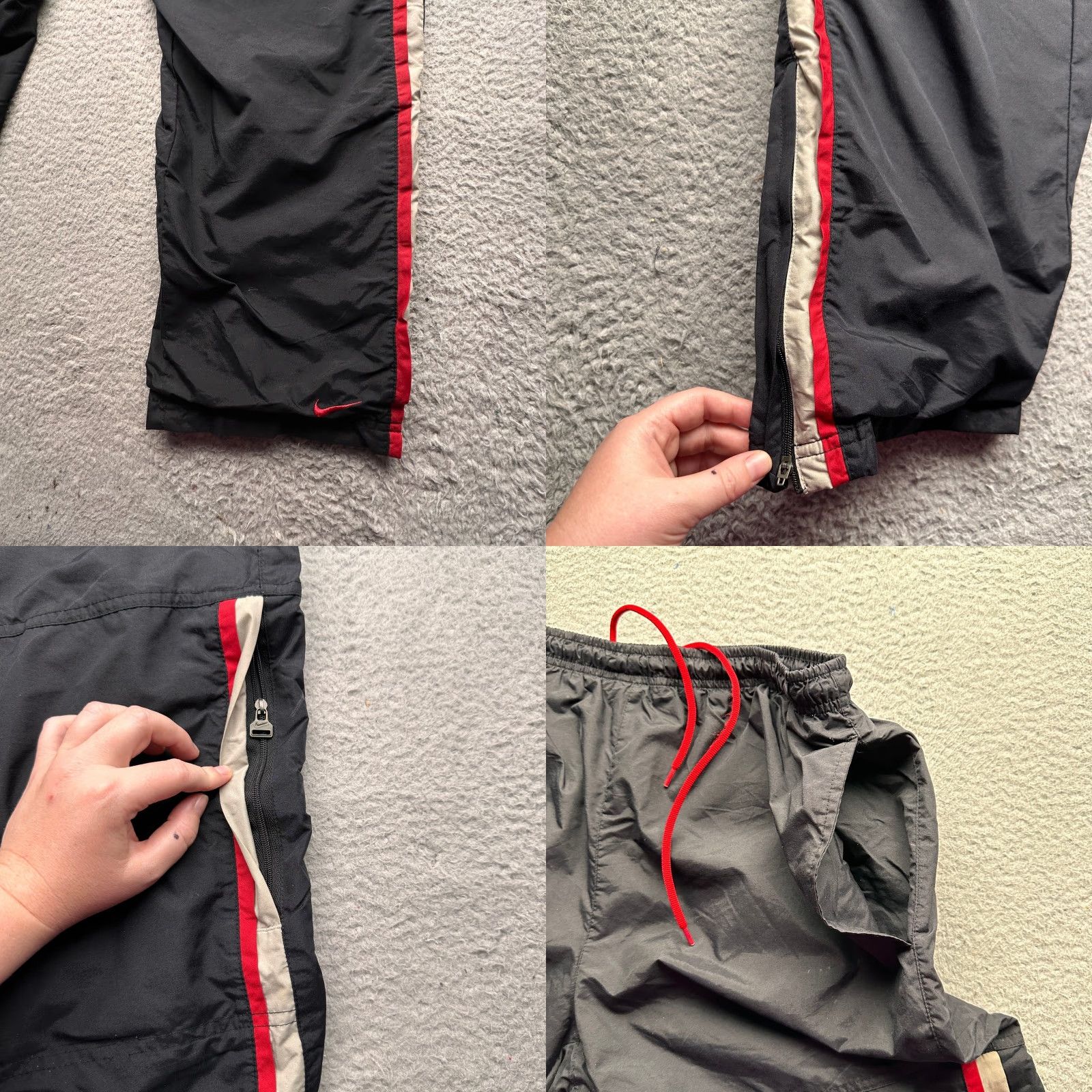 Nike VINTAGE Nike Windbreaker Pants Mens M Black Red Zip Pockets Lined Cotton Nylon Polyester 90s Y2K Baggy Wide-Leg Embroidered Logo Zip Pockets Size US 31 - 9 Thumbnail