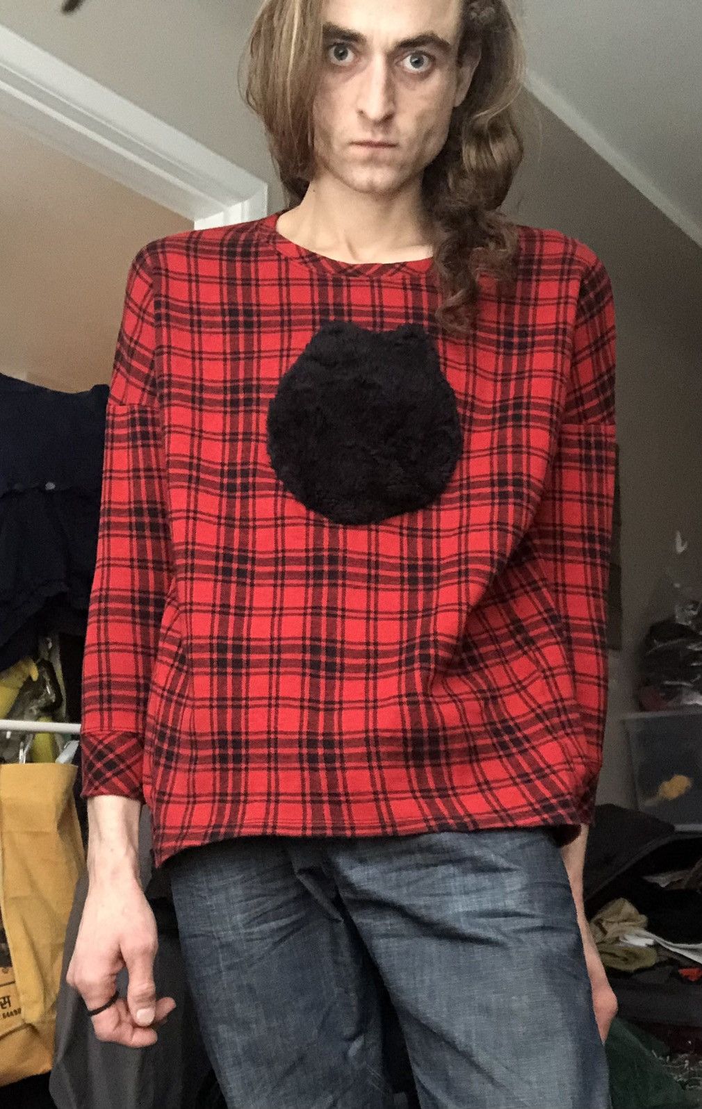 image of Vintage 20471120 Hyoma Fuzzy Character Flannel in Red Plaid, Men's (Size Small)