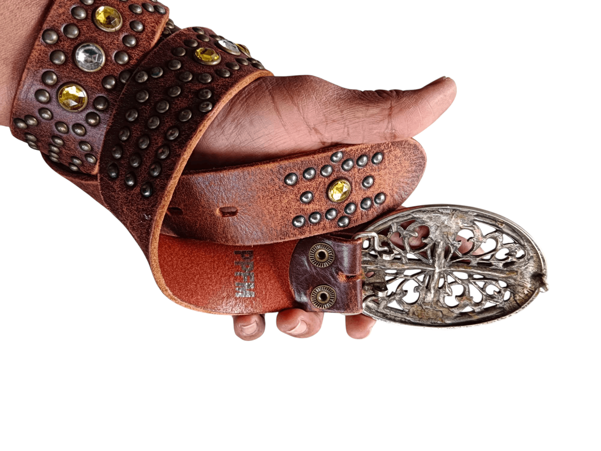 Japanese Brand Vtg Leather Belt studded Big Buckle Cross Rhinestone Brown Size ONE SIZE - 3 Thumbnail