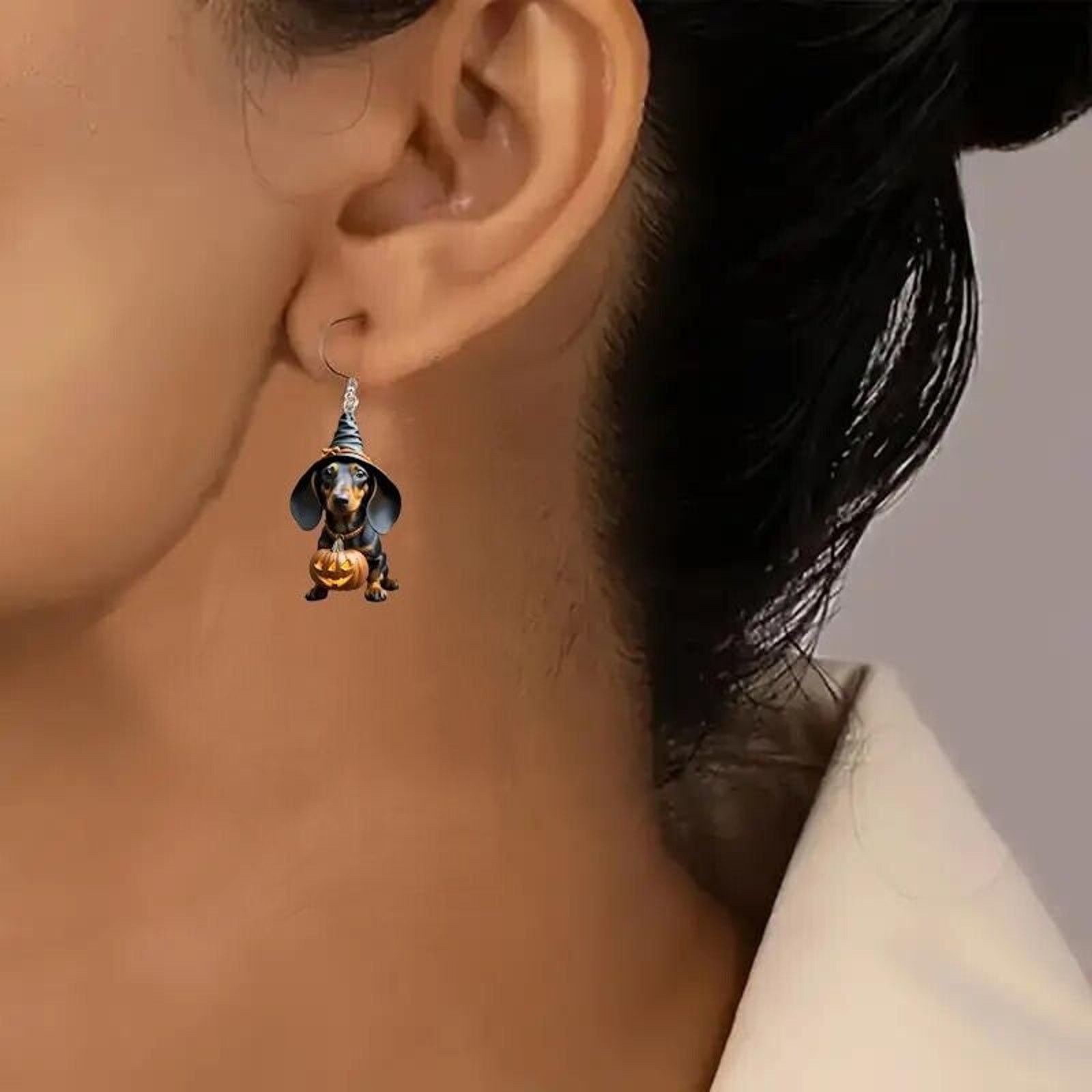 Other Halloween Dachshund Witch Acrylic Earrings • Jack-O-Lantern Size ONE SIZE - 2 Thumbnail