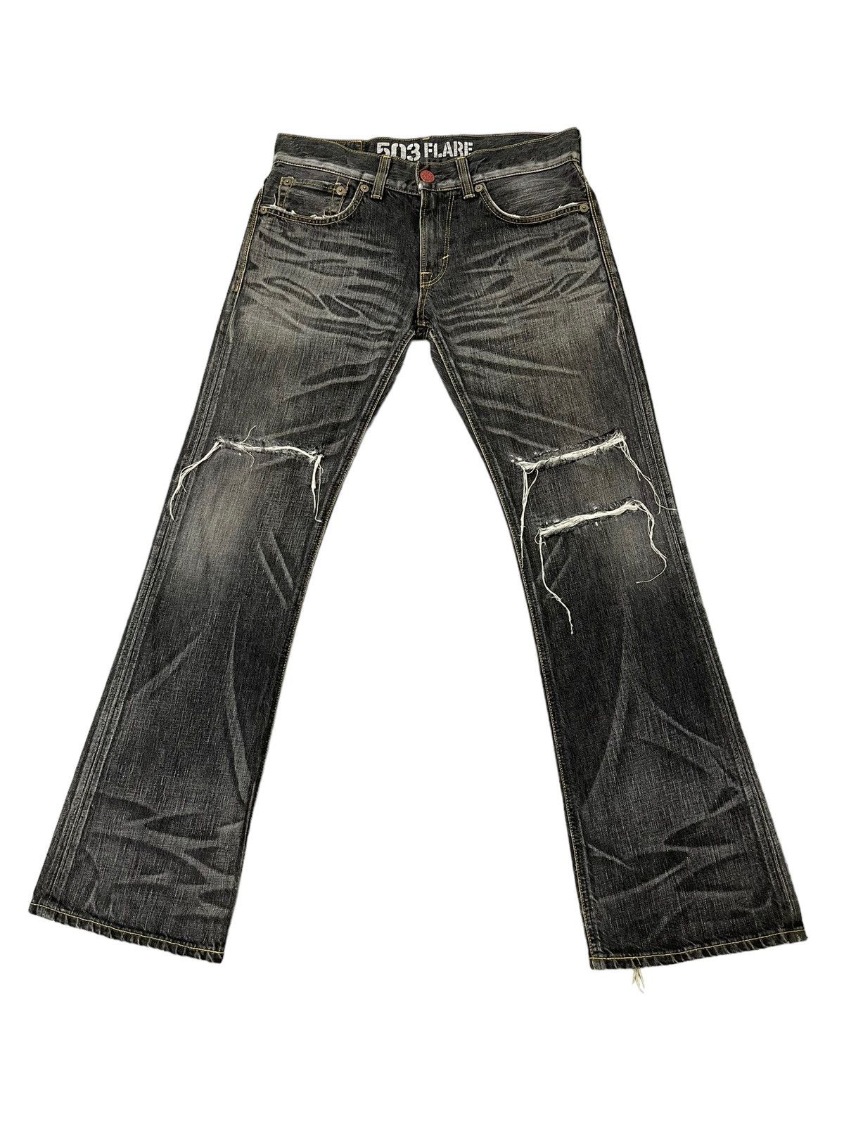 Japanese Brand Flare Jeans Edwin Japan Faded Black Distress Boot Cut 8🟦2 Size US 33 - 2 Thumbnail